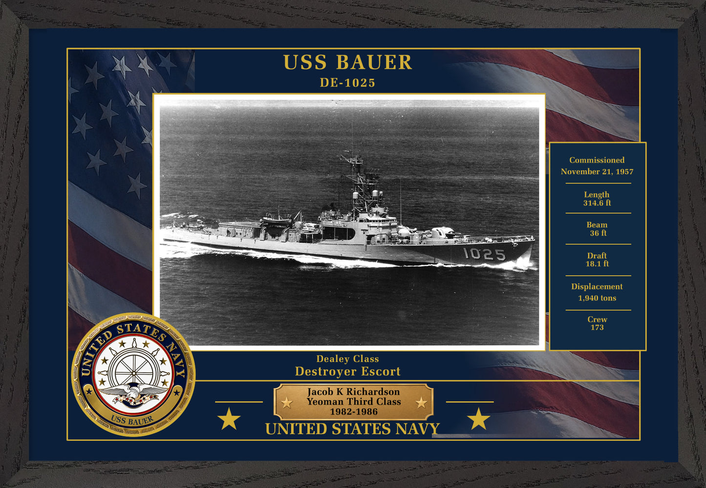 USS Bauer DE-1025 Framed Patriotic Photo