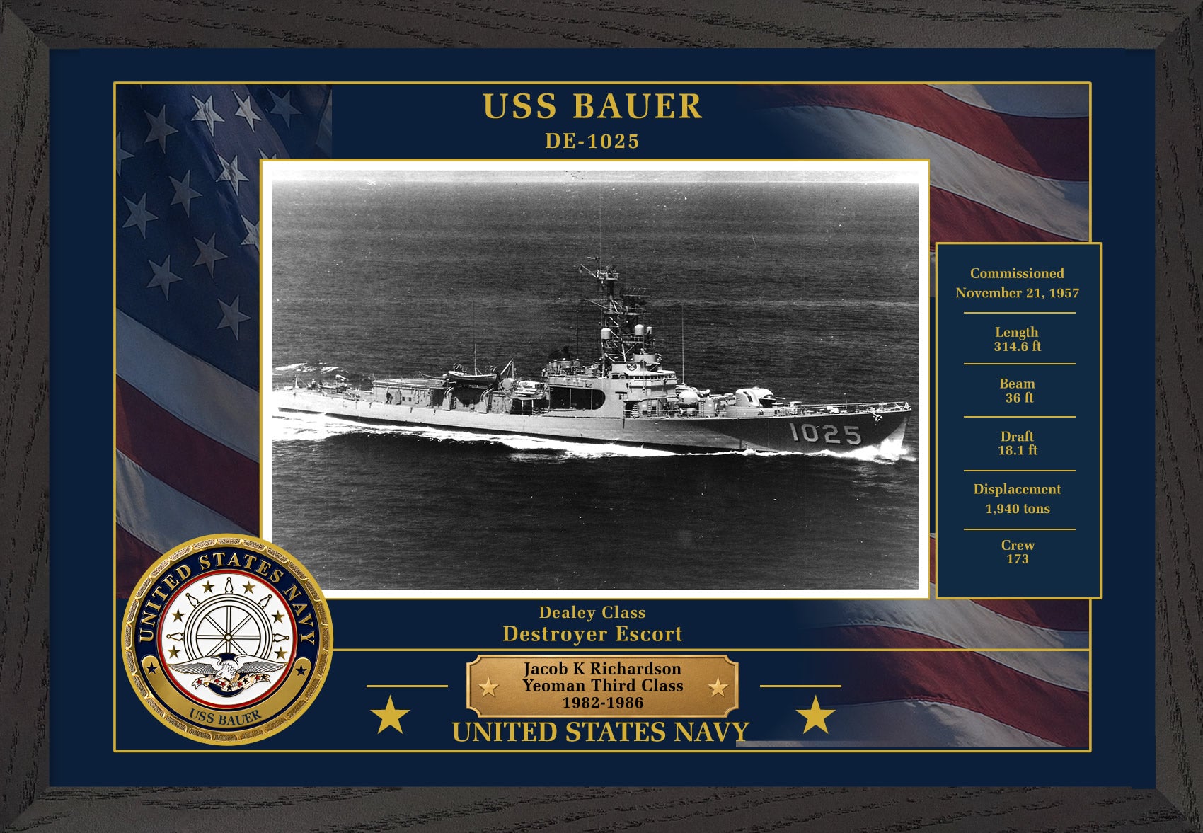 USS Bauer DE-1025 Framed Patriotic Photo