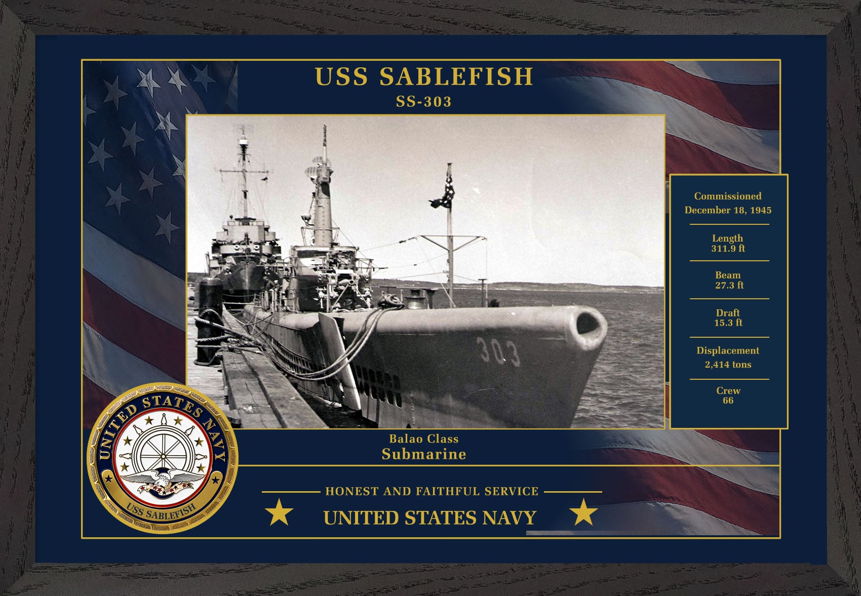 USS Sablefish SS-303 Framed Patriotic Photo