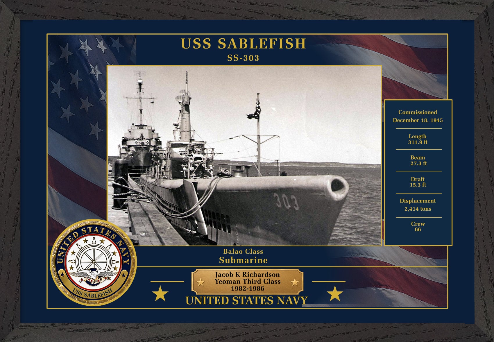 USS Sablefish SS-303 Framed Patriotic Photo