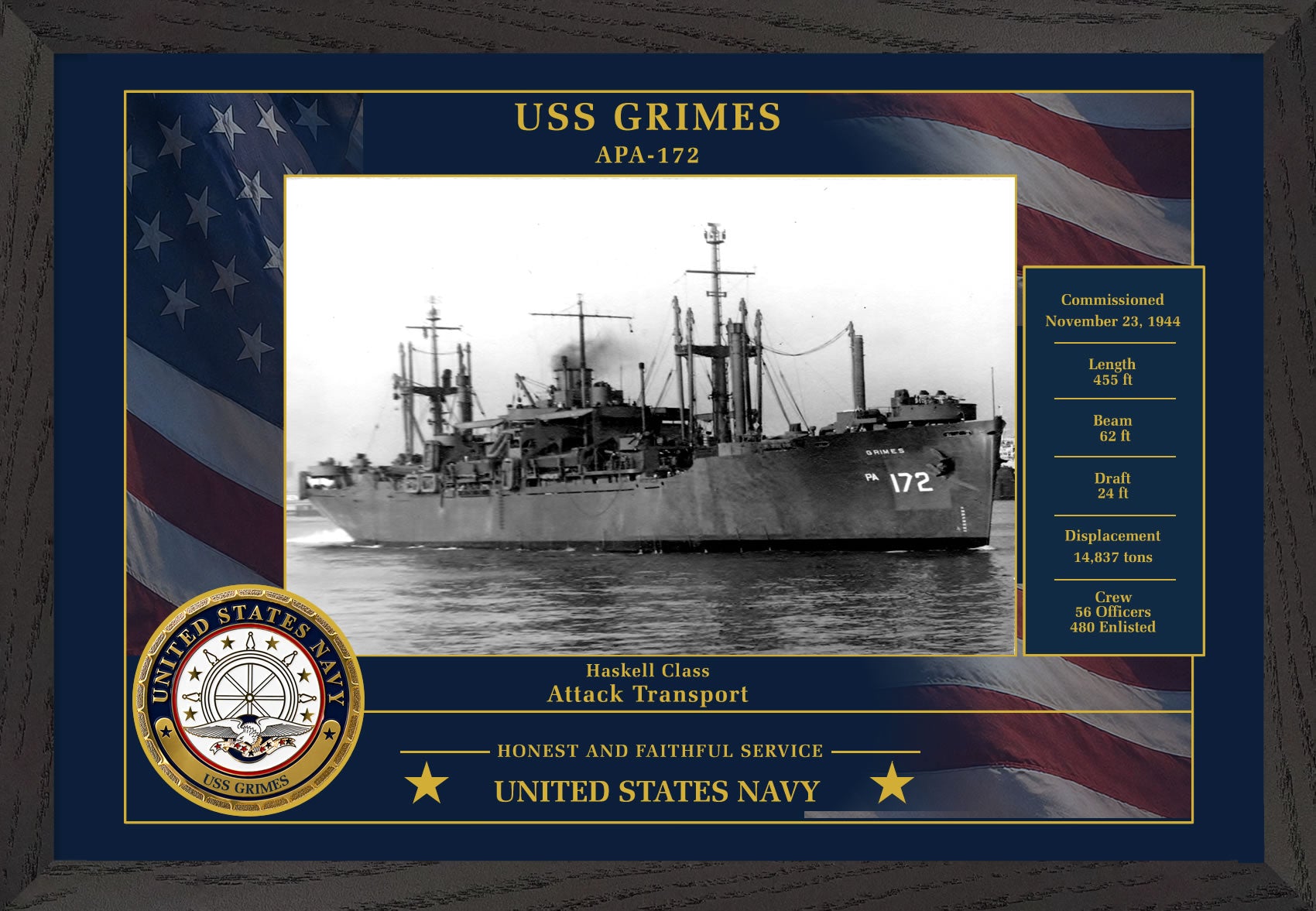USS Grimes APA-172 Framed Patriotic Photo