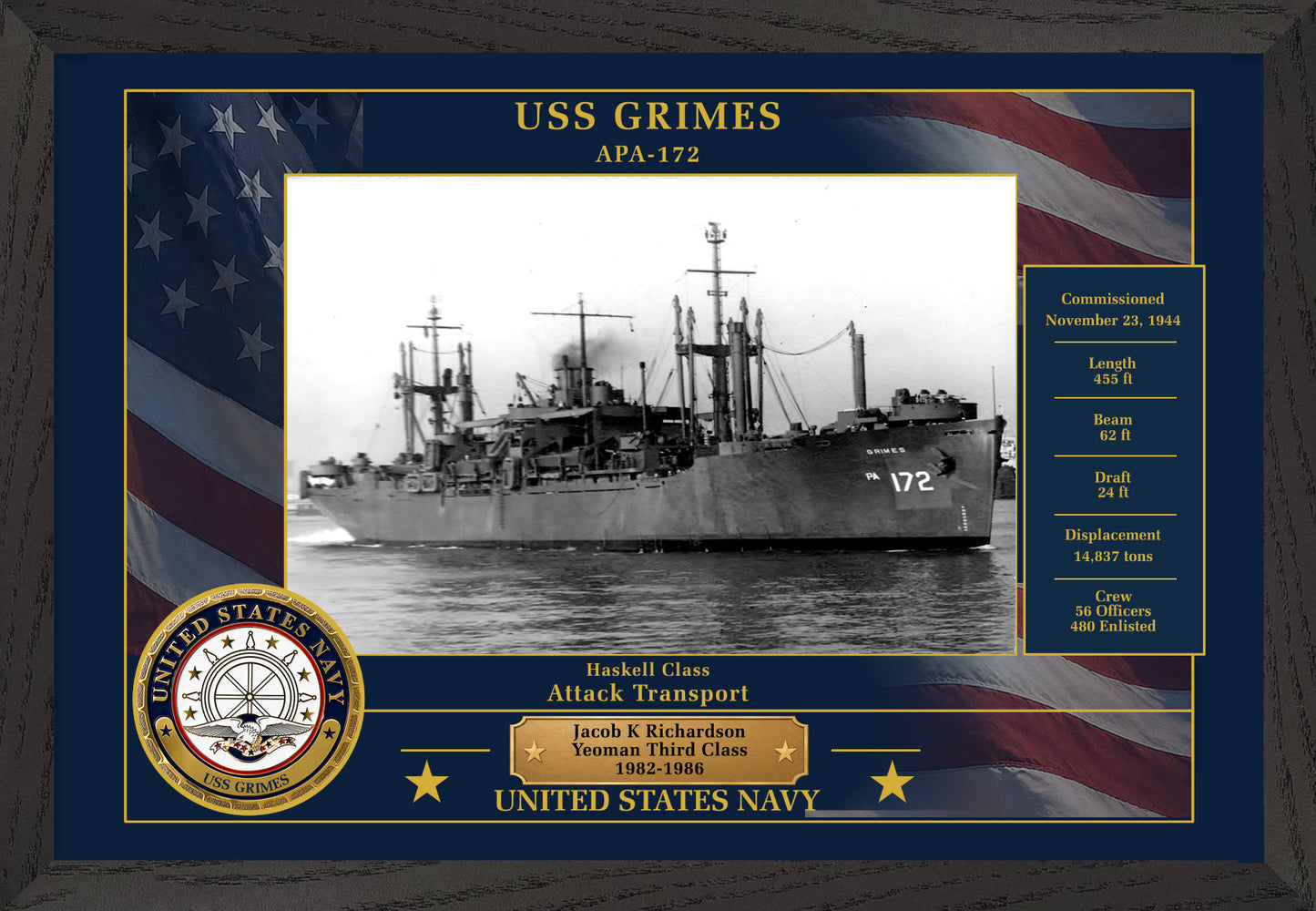 USS Grimes APA-172 Framed Patriotic Photo
