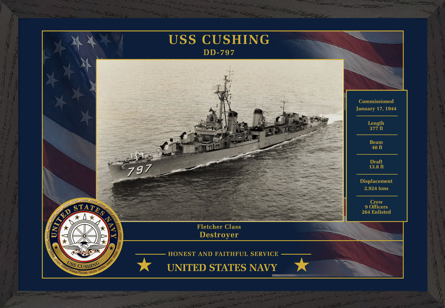 USS Cushing DD-797 Framed Patriotic Photo