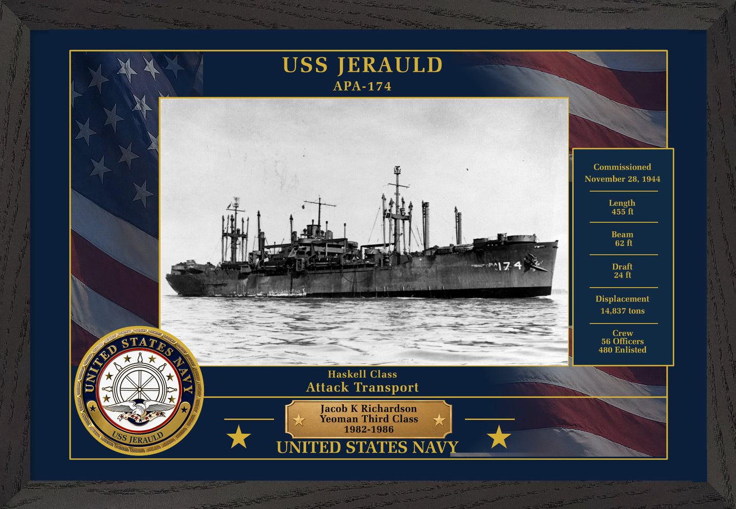 USS Jerauld APA-174 Framed Patriotic Photo