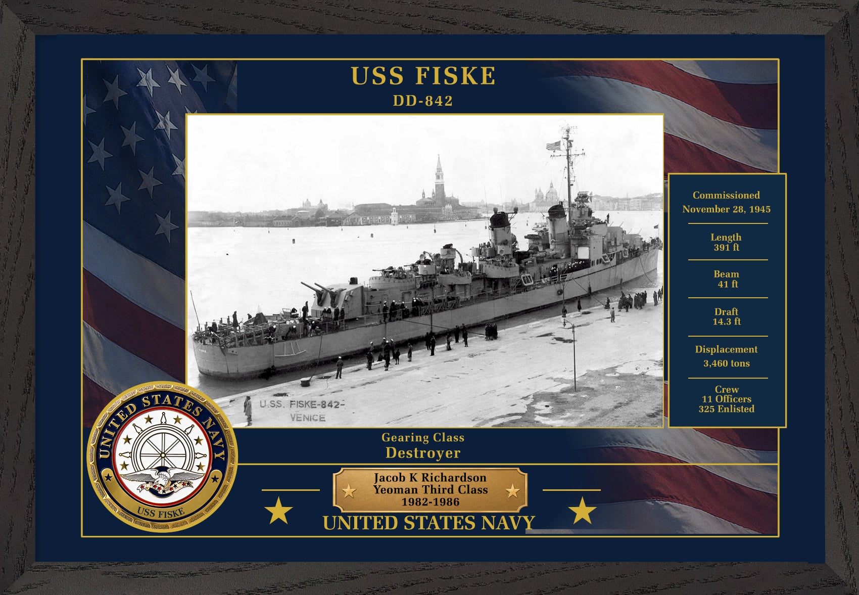 USS Fiske DD-842 Framed Patriotic Photo