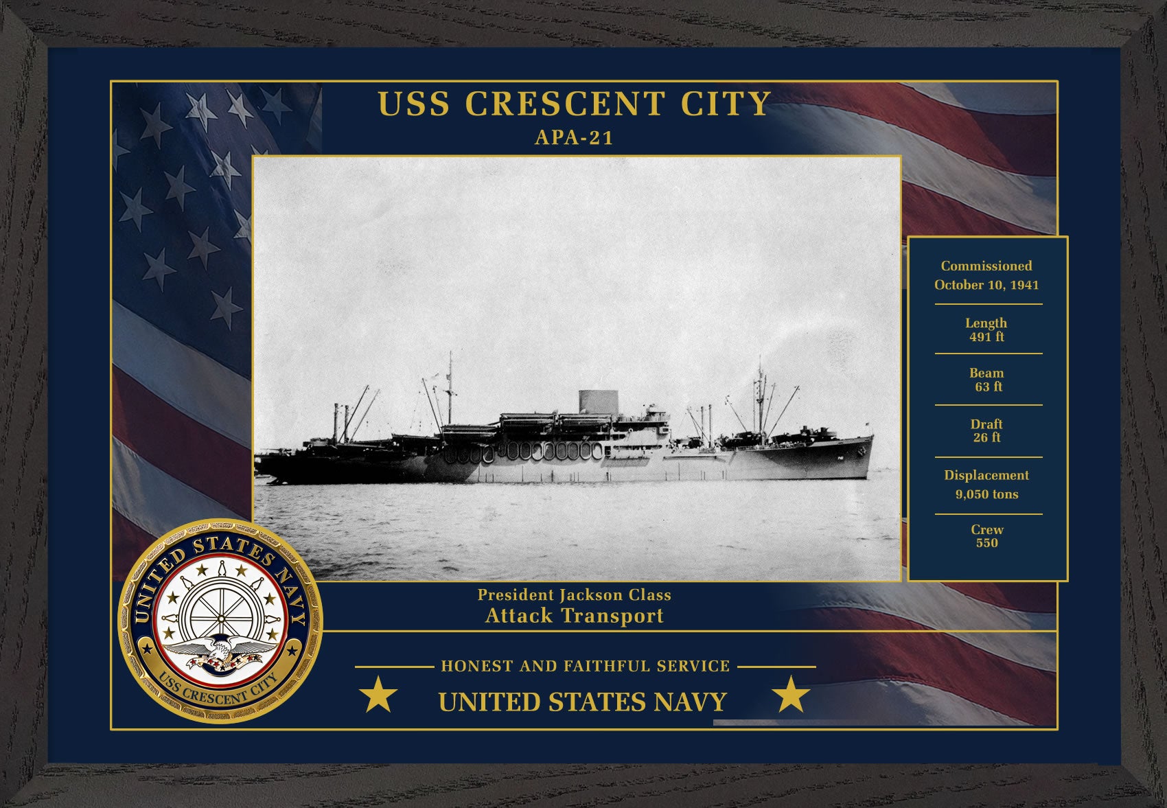 USS Crescent City APA-21 Framed Patriotic Photo