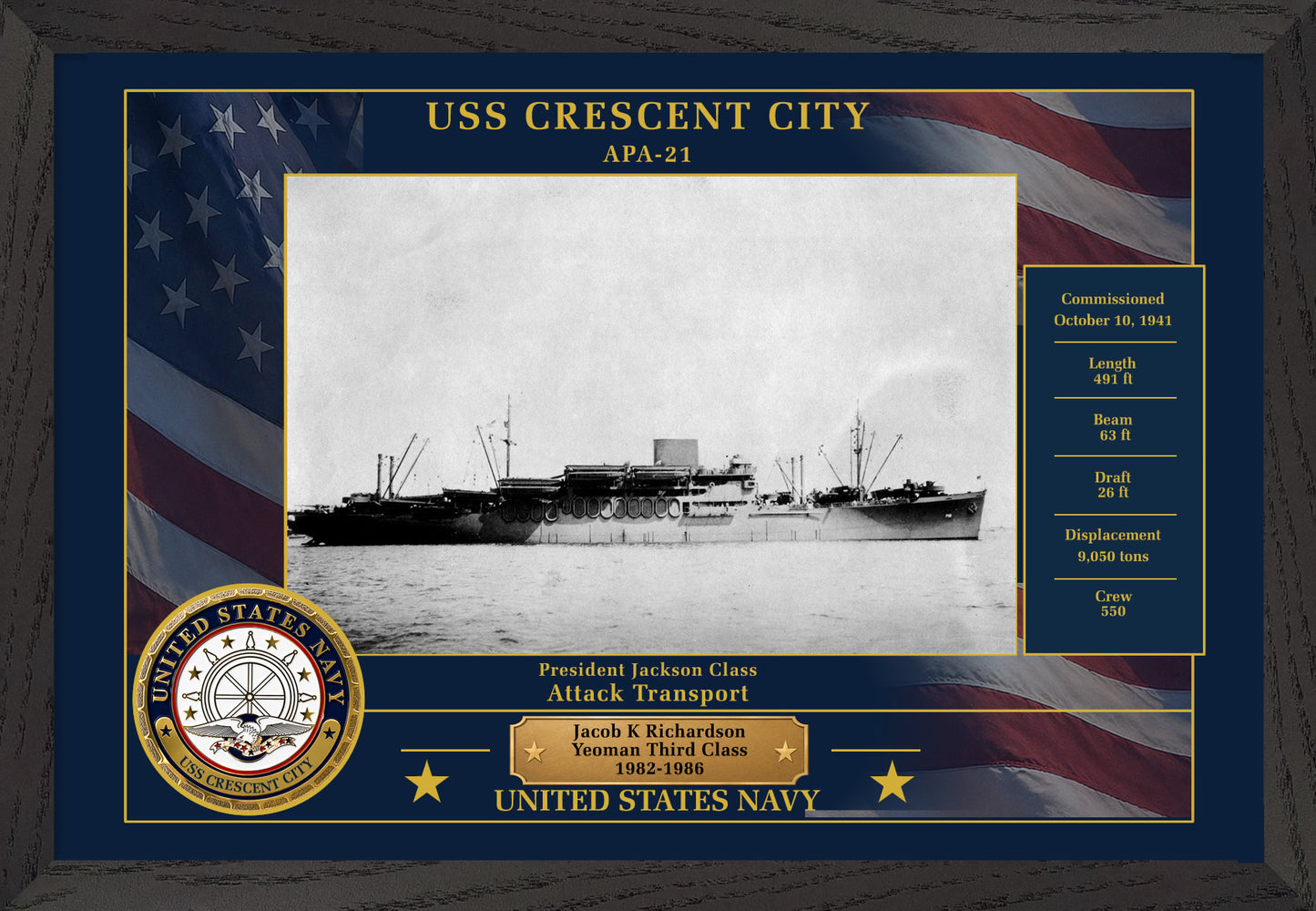 USS Crescent City APA-21 Framed Patriotic Photo