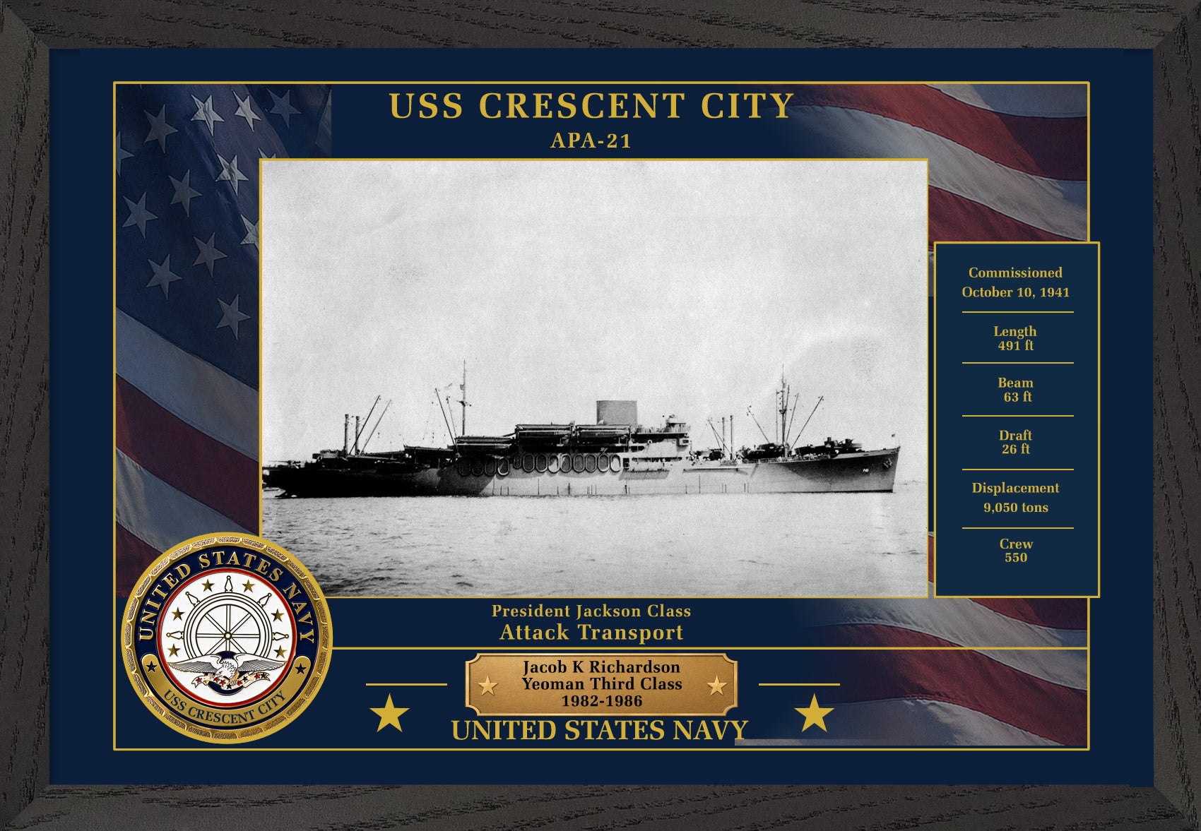 USS Crescent City APA-21 Framed Patriotic Photo