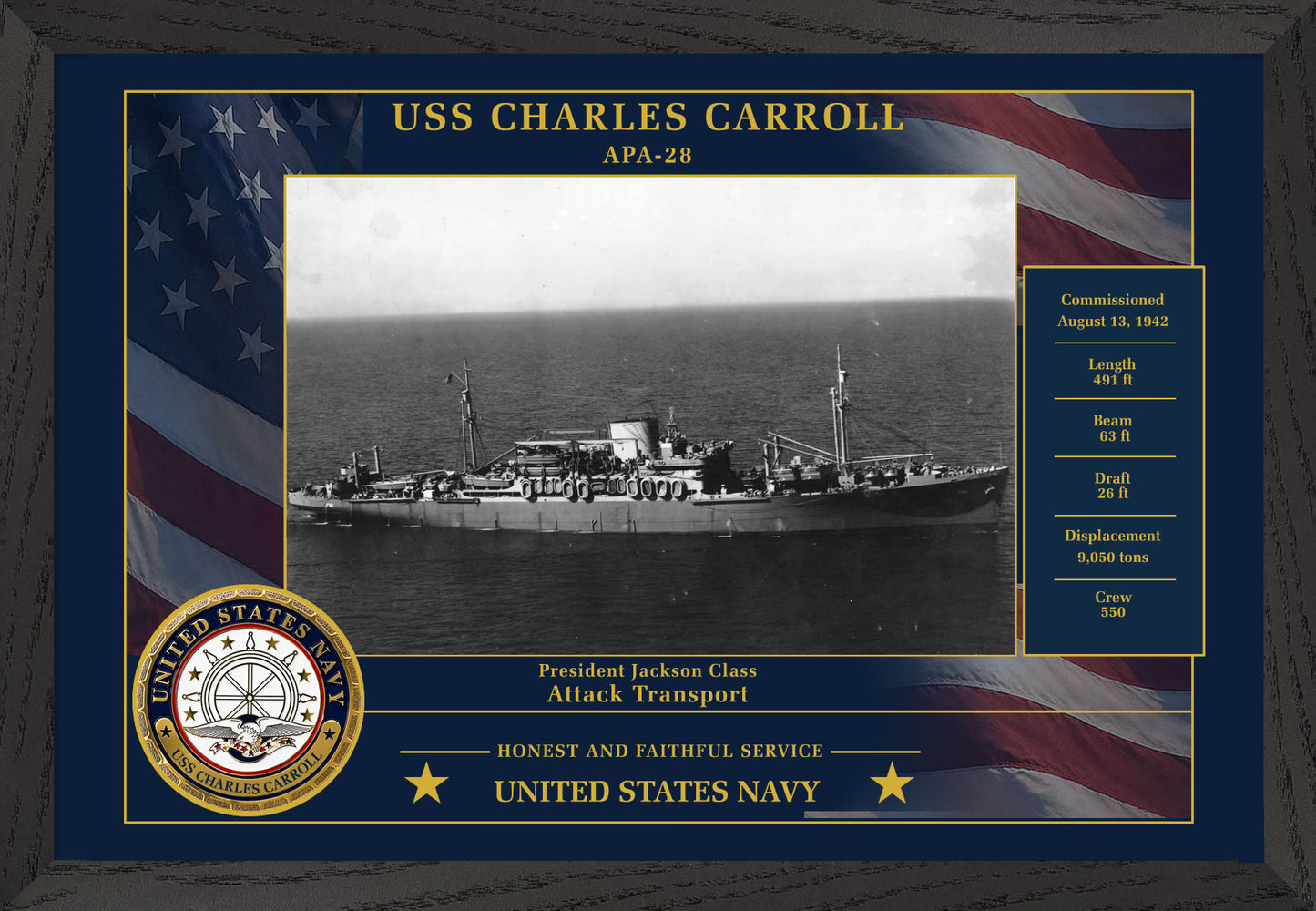 USS Charles Carroll APA-28 Framed Patriotic Photo