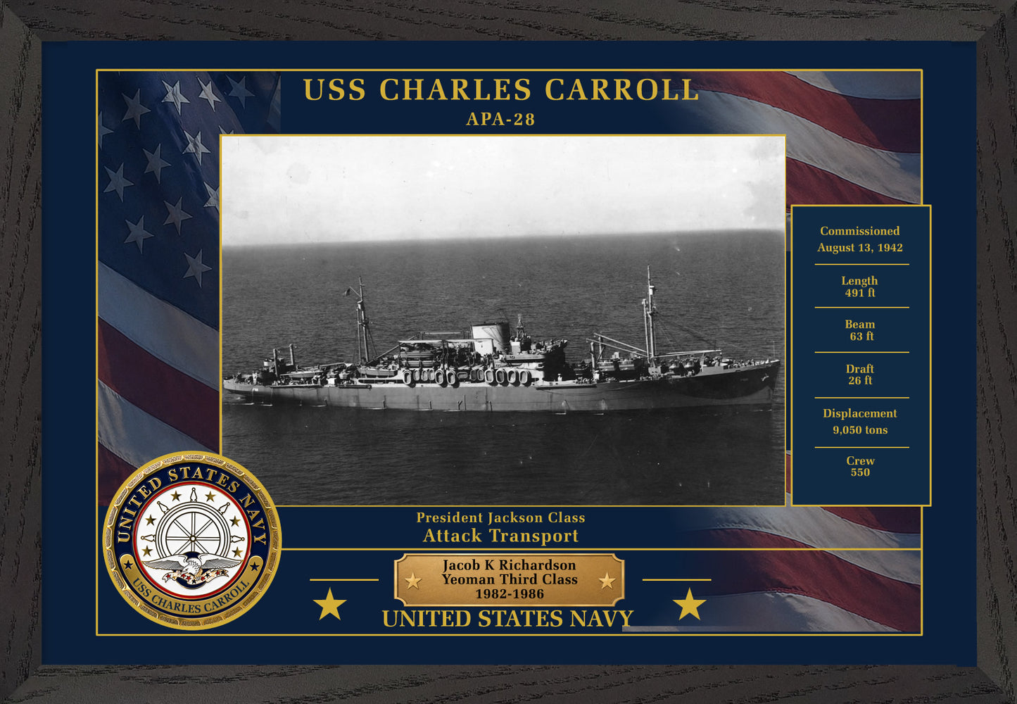 USS Charles Carroll APA-28 Framed Patriotic Photo