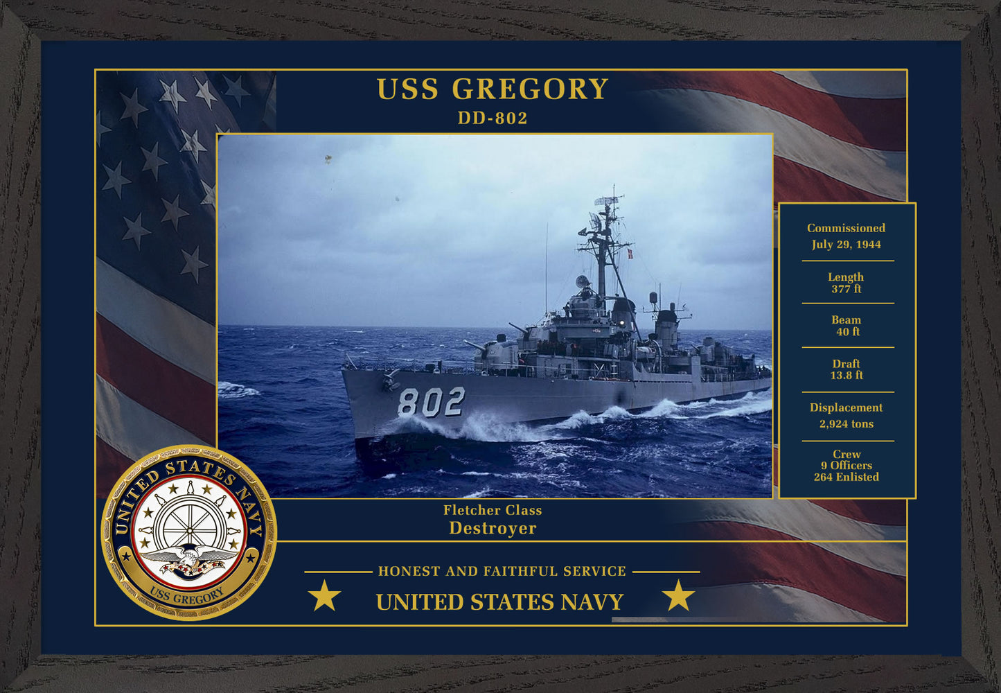 USS Gregory DD-802 Framed Patriotic Photo