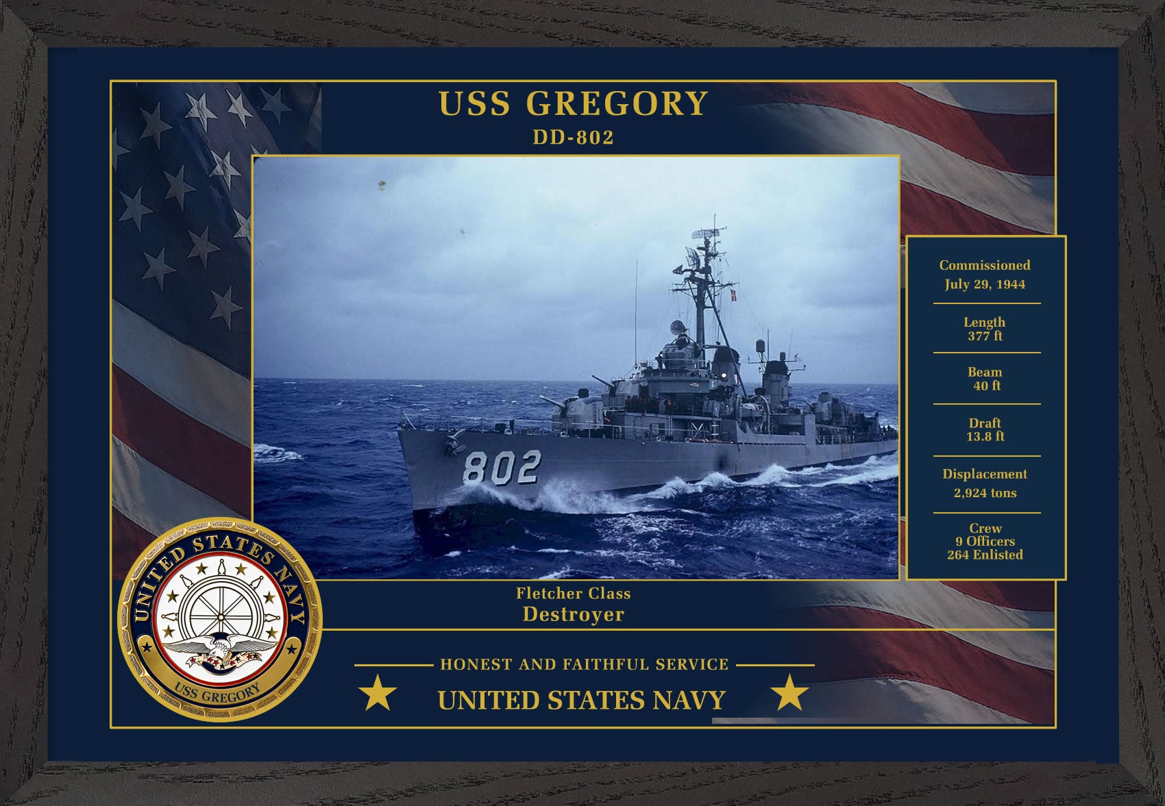 USS Gregory DD-802 Framed Patriotic Photo