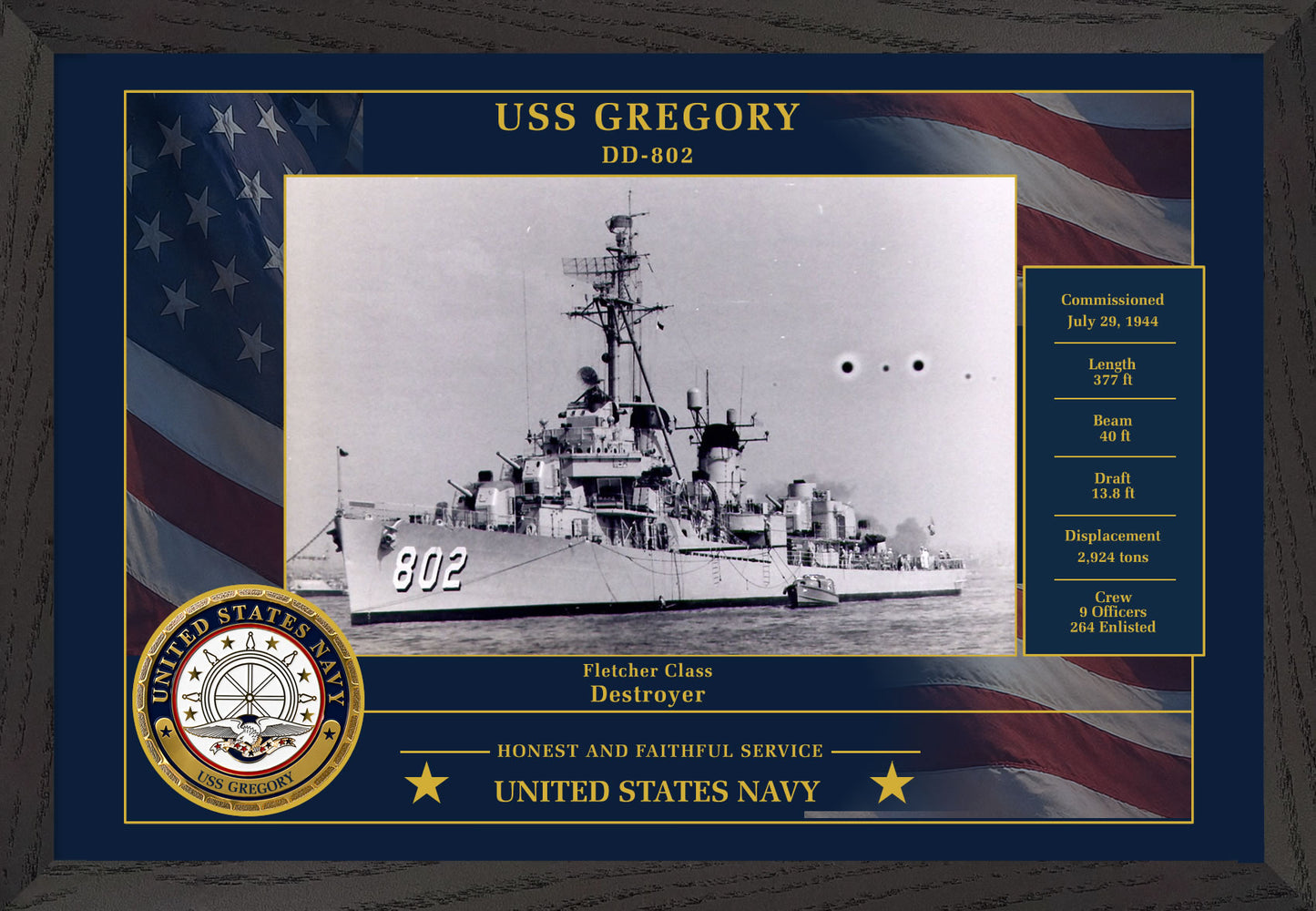 USS Gregory DD-802 Framed Patriotic Photo