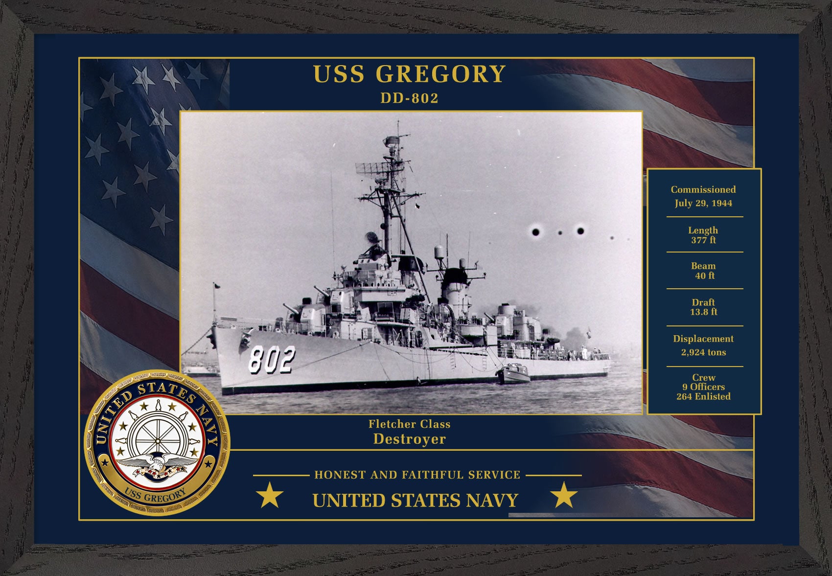 USS Gregory DD-802 Framed Patriotic Photo