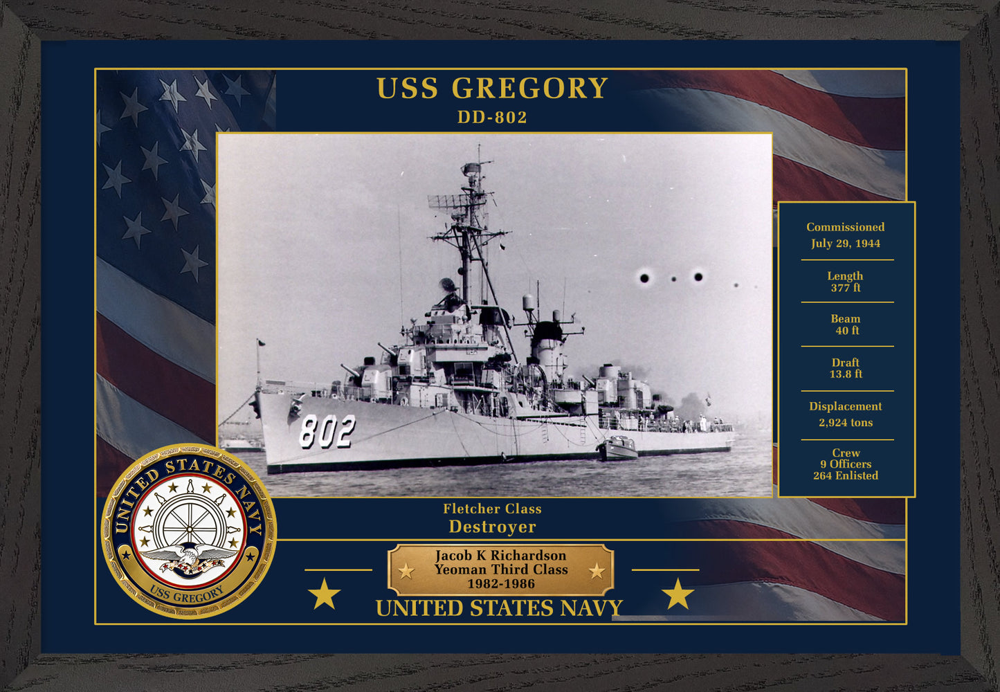 USS Gregory DD-802 Framed Patriotic Photo
