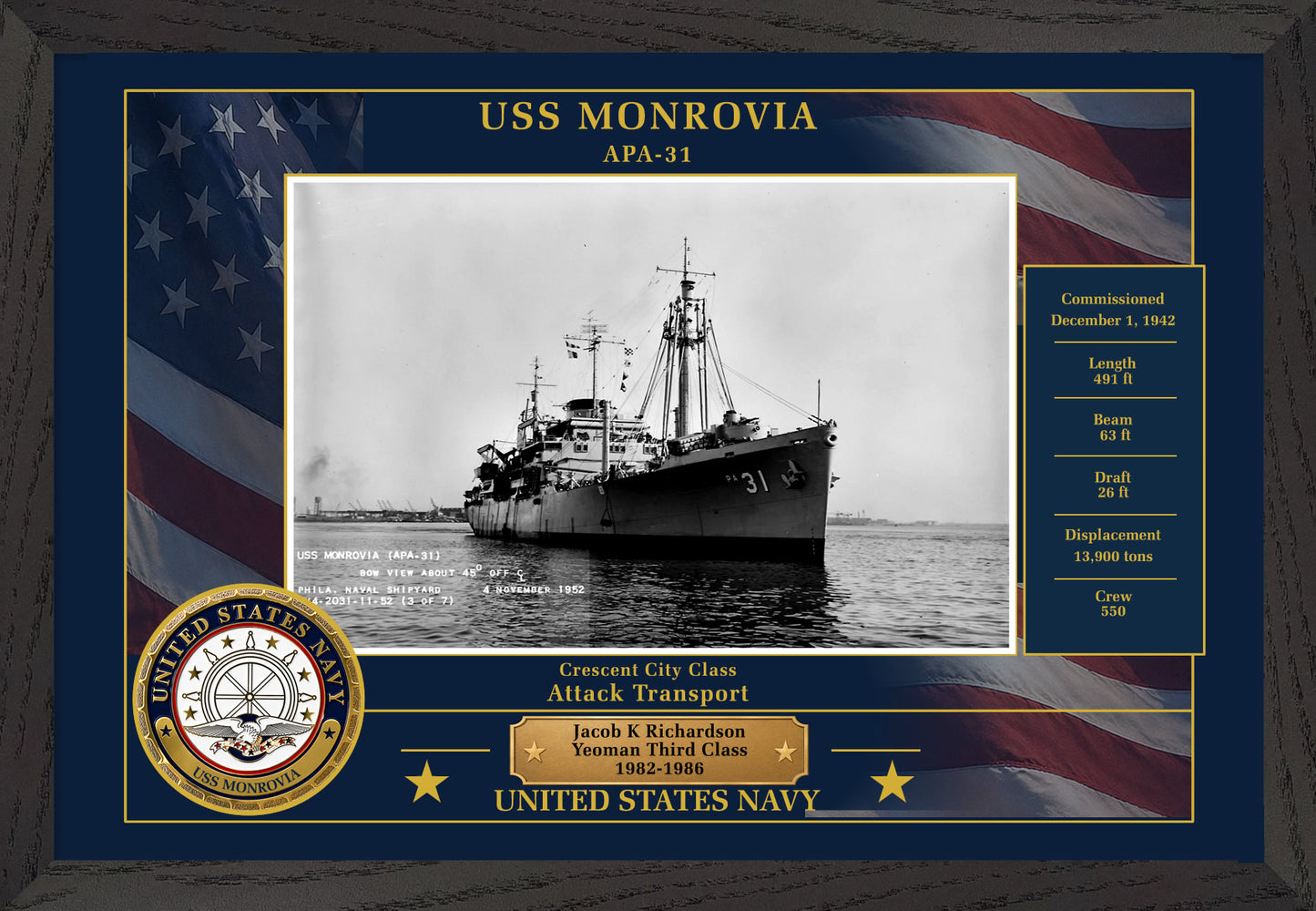 USS Monrovia APA-31 Framed Patriotic Photo