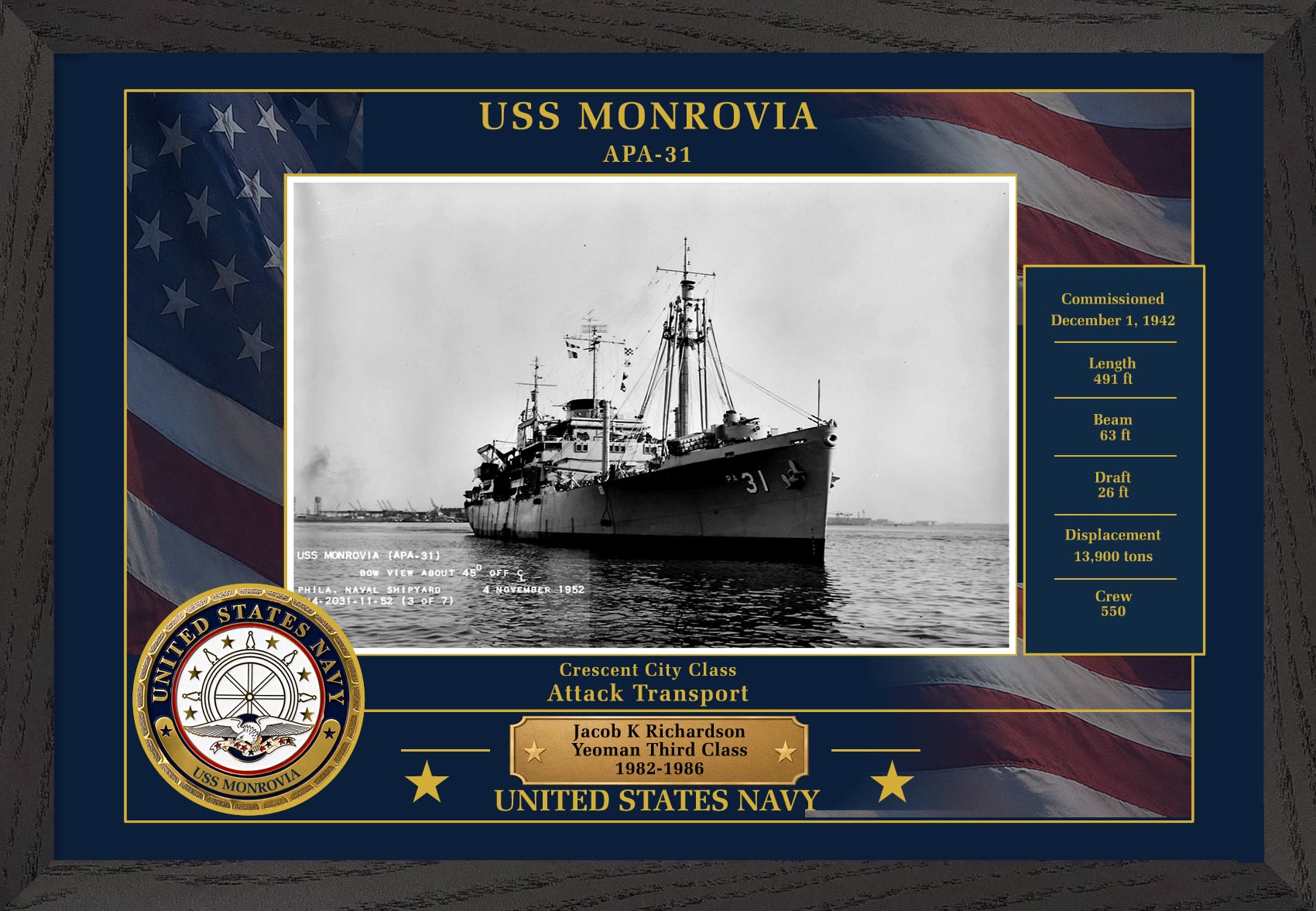 USS Monrovia APA-31 Framed Patriotic Photo