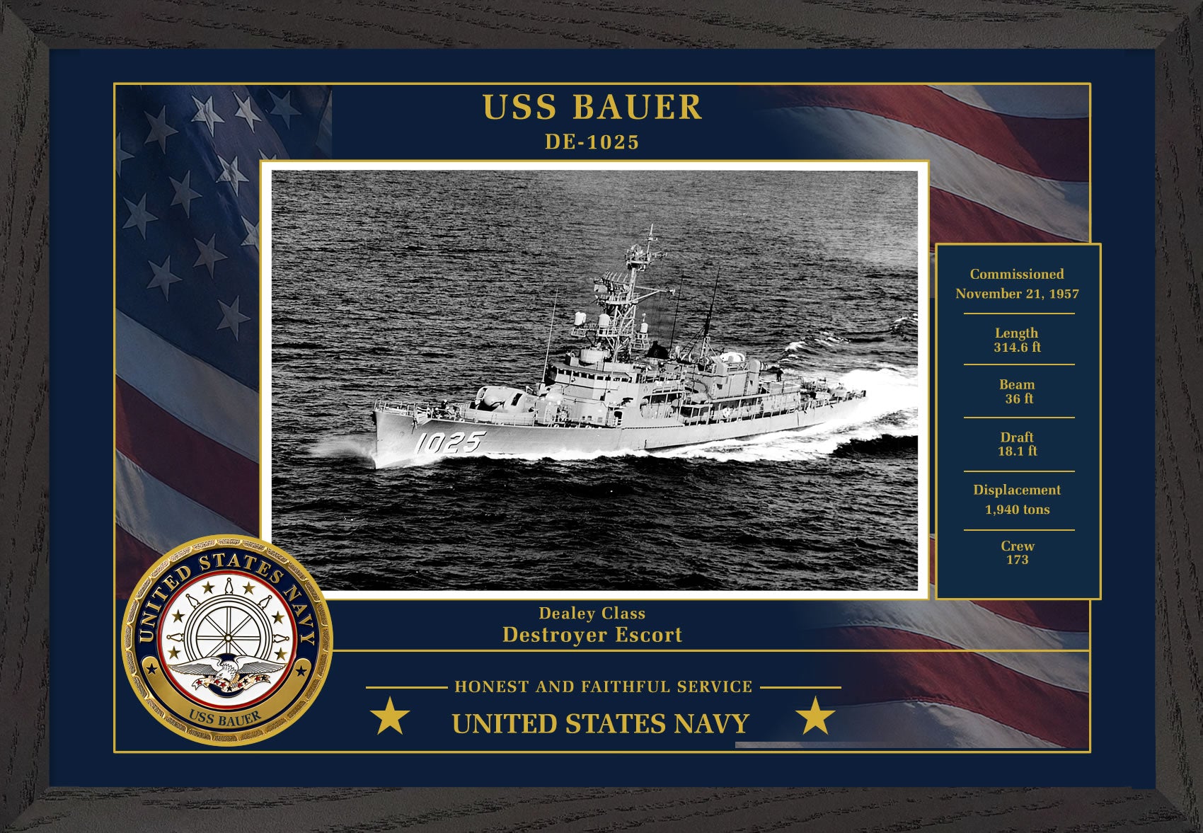 USS Bauer DE-1025 Framed Patriotic Photo