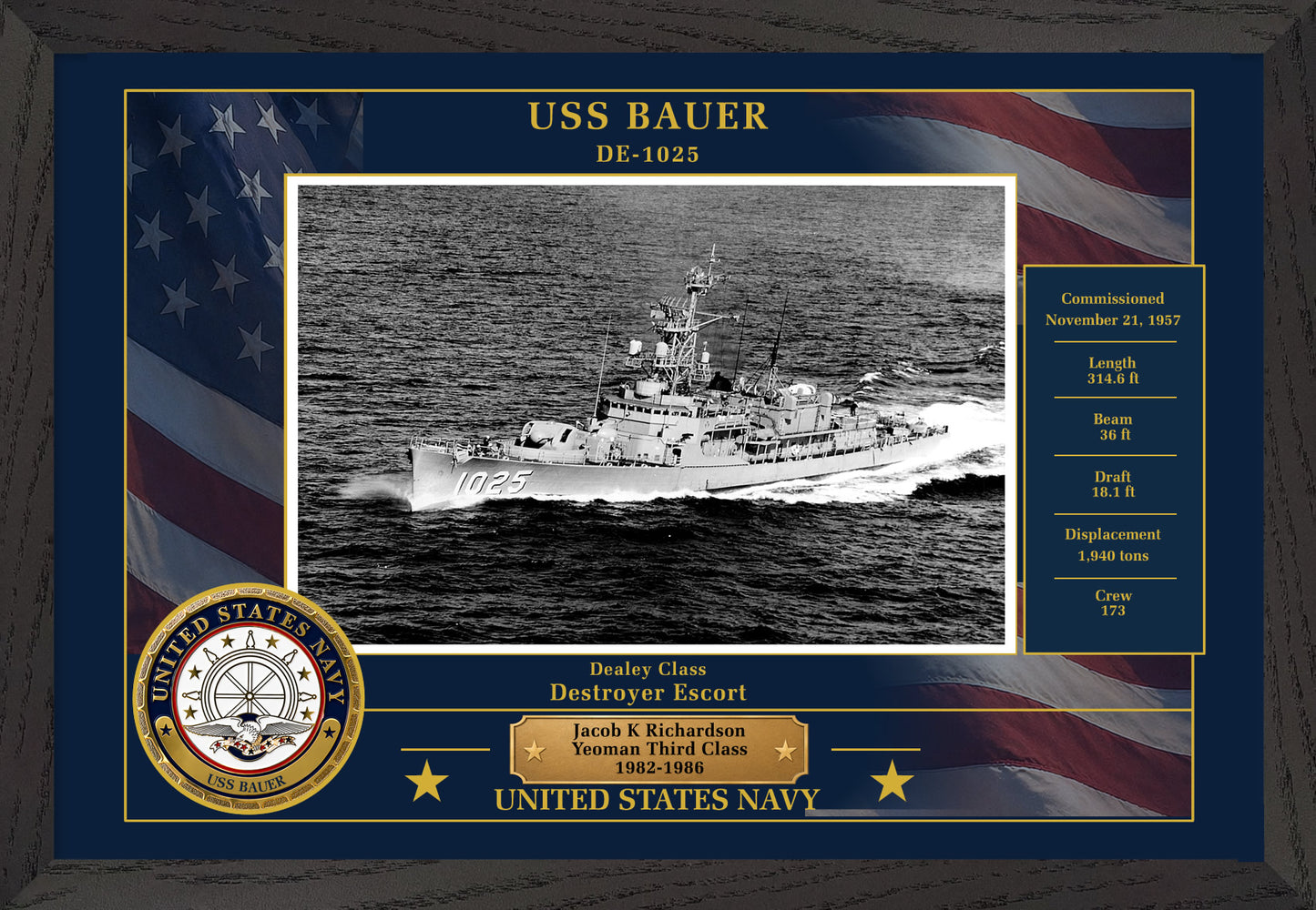 USS Bauer DE-1025 Framed Patriotic Photo