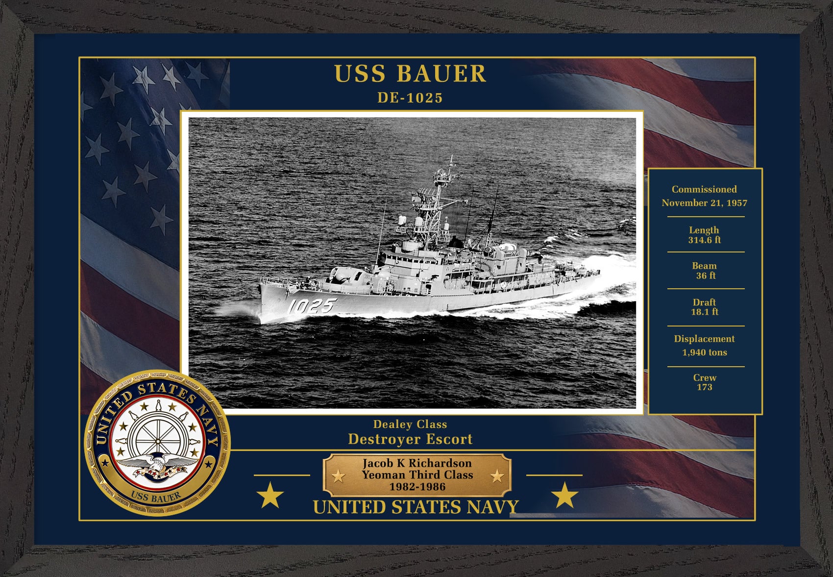 USS Bauer DE-1025 Framed Patriotic Photo