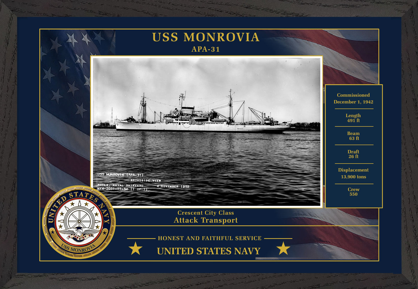 USS Monrovia APA-31 Framed Patriotic Photo