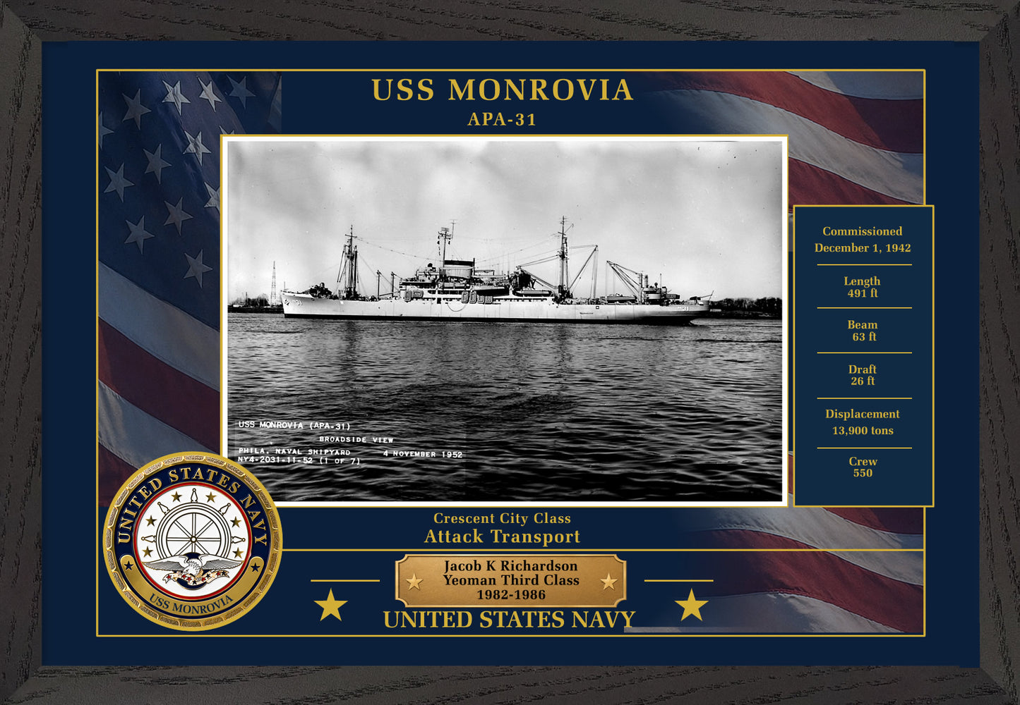 USS Monrovia APA-31 Framed Patriotic Photo