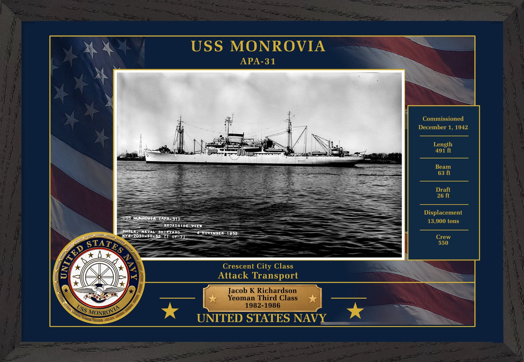 USS Monrovia APA-31 Framed Patriotic Photo