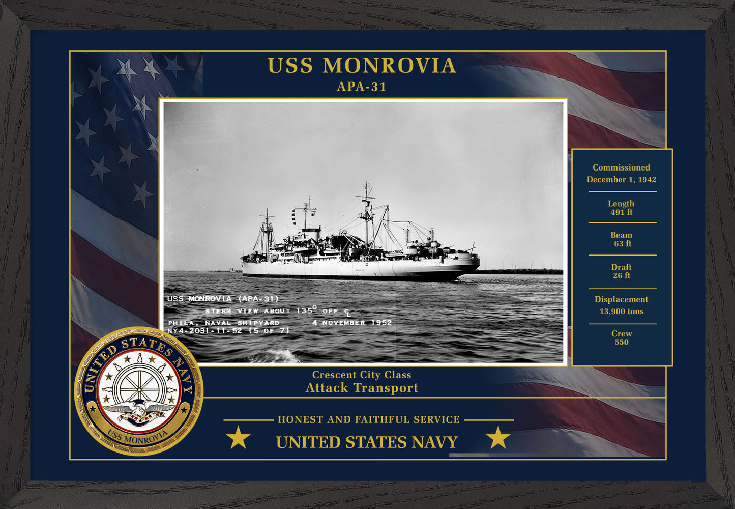 USS Monrovia APA-31 Framed Patriotic Photo