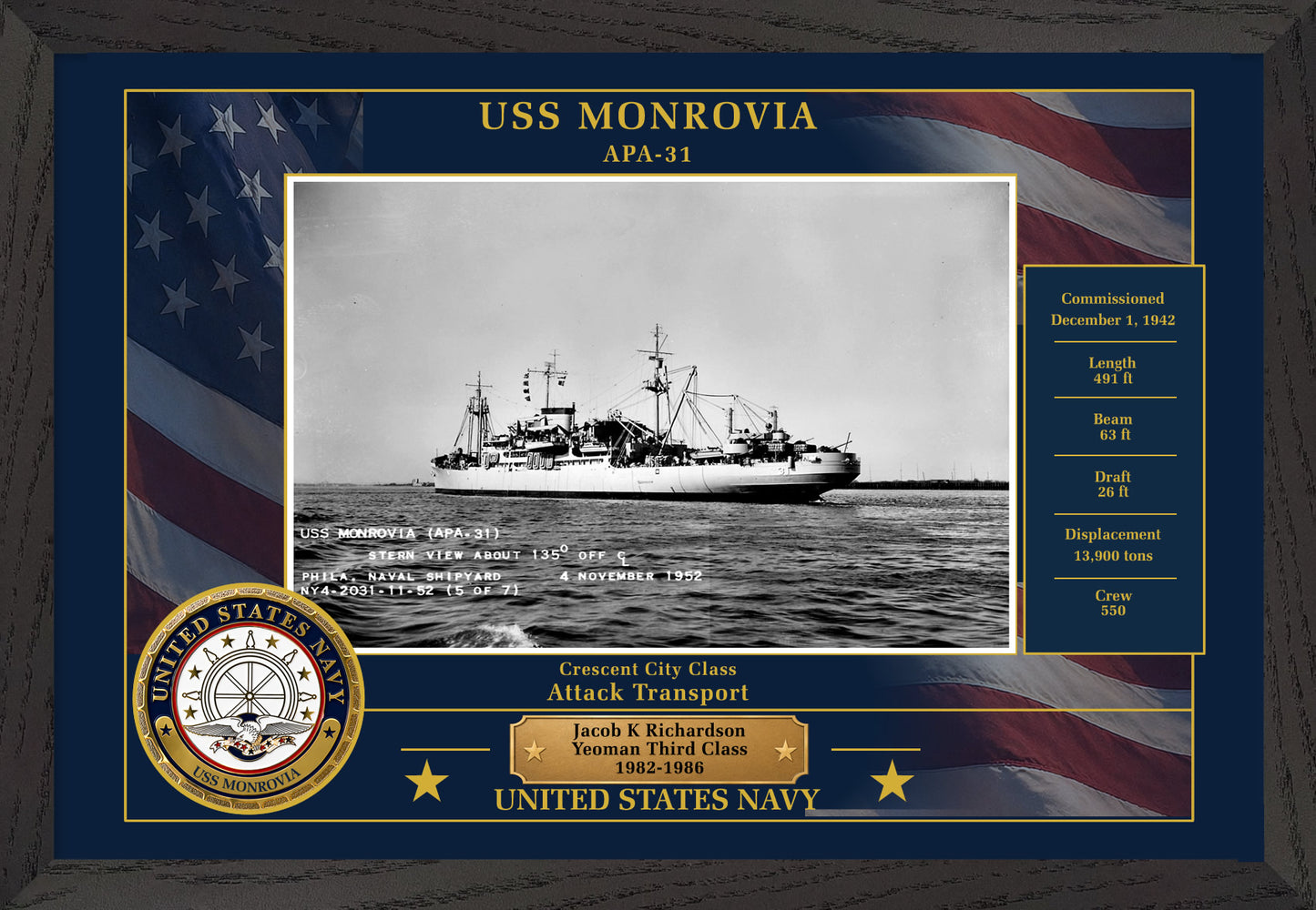 USS Monrovia APA-31 Framed Patriotic Photo