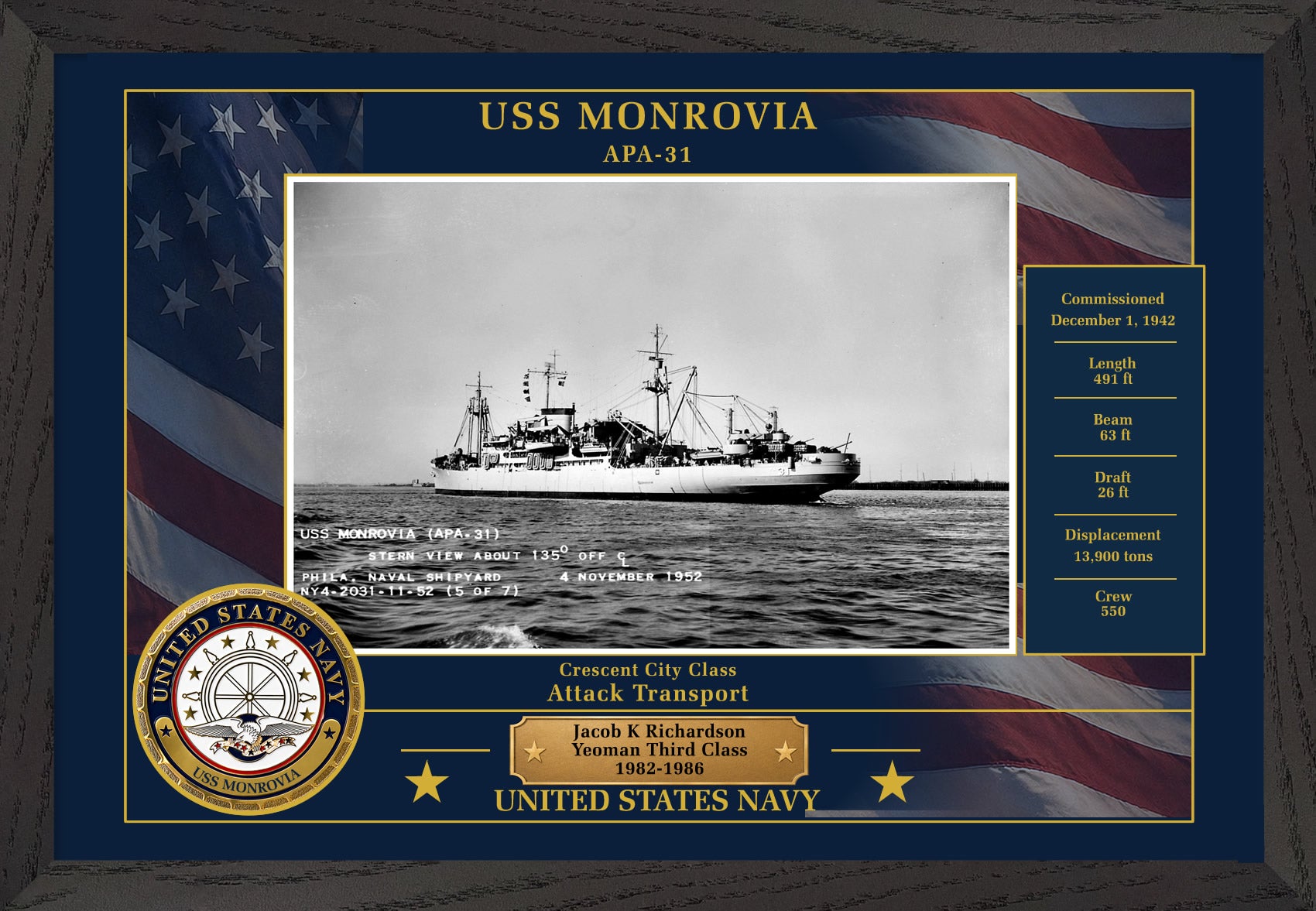 USS Monrovia APA-31 Framed Patriotic Photo
