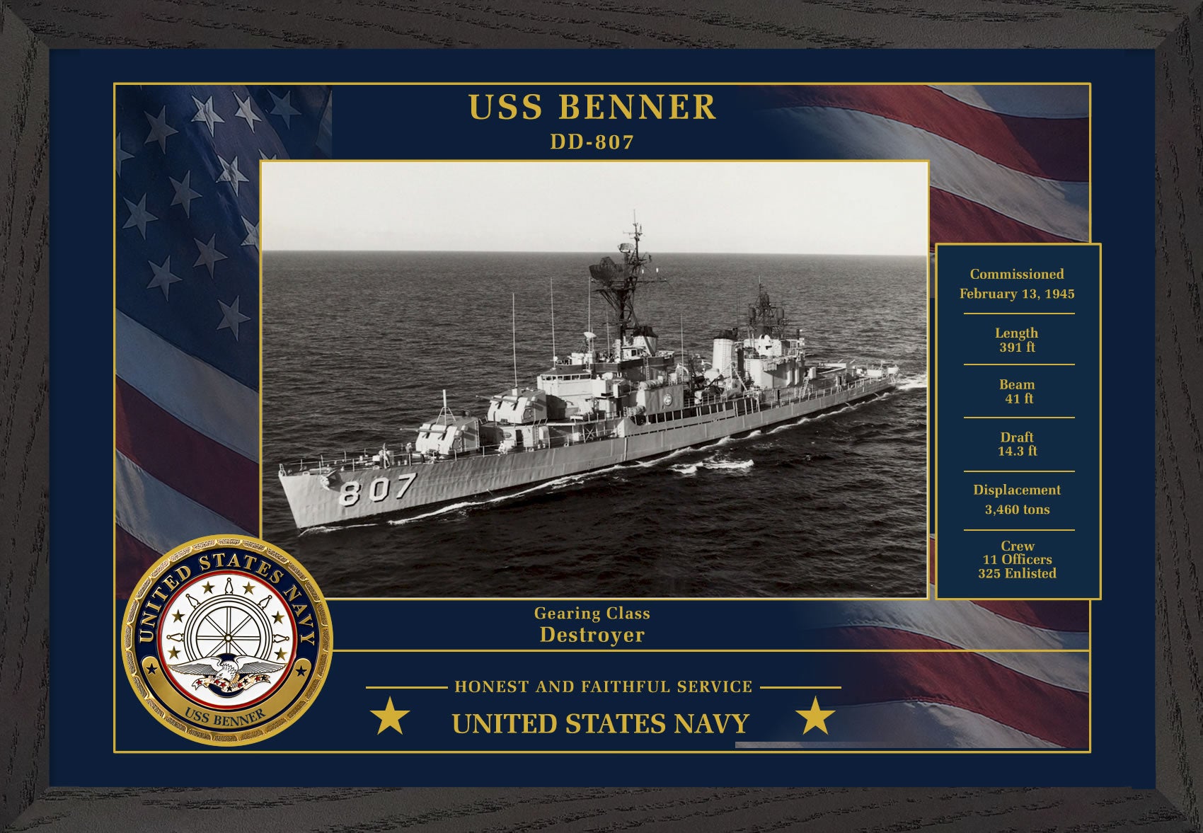 USS Benner DD-807 Framed Patriotic Photo