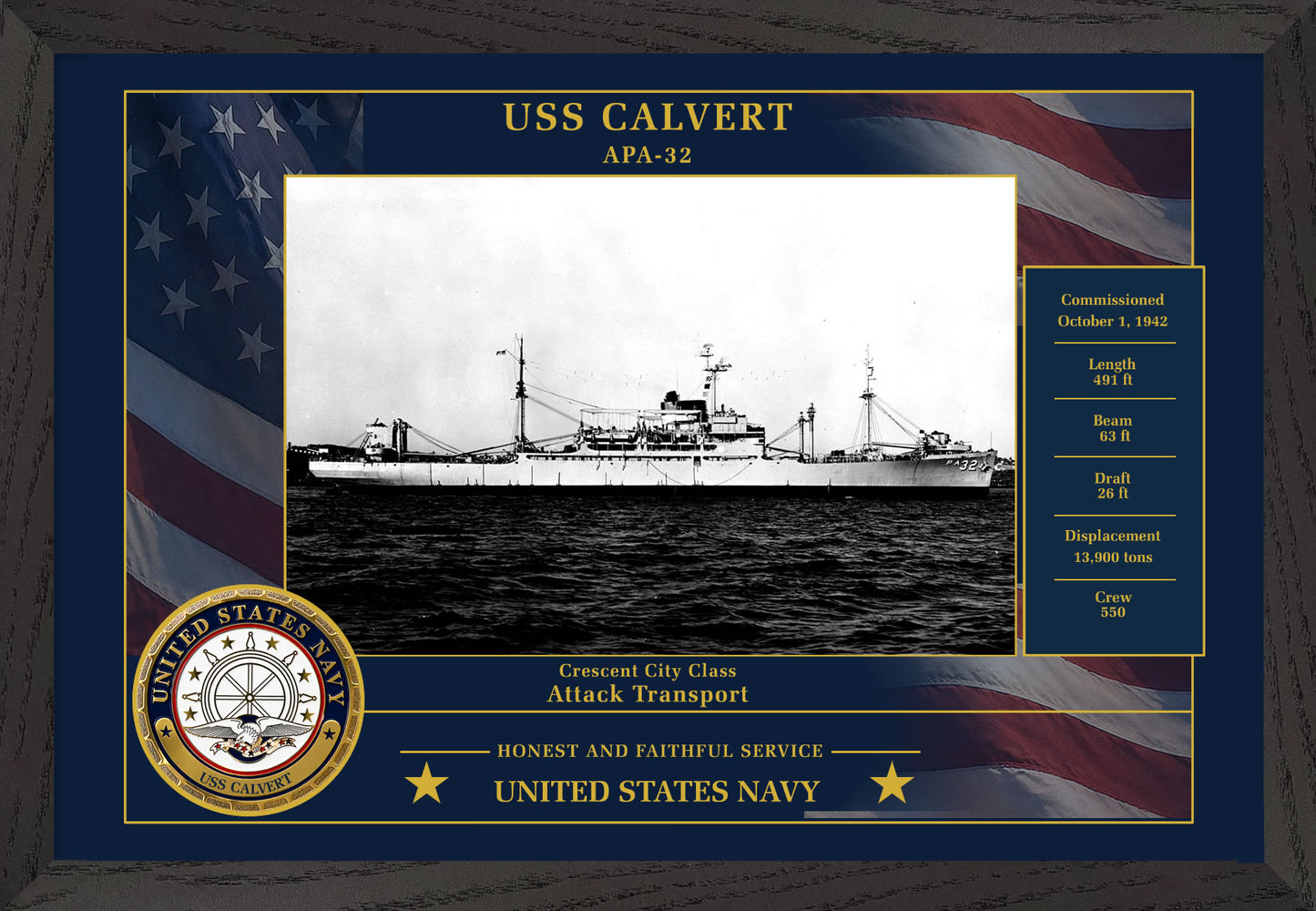 USS Calvert APA-32 Framed Patriotic Photo