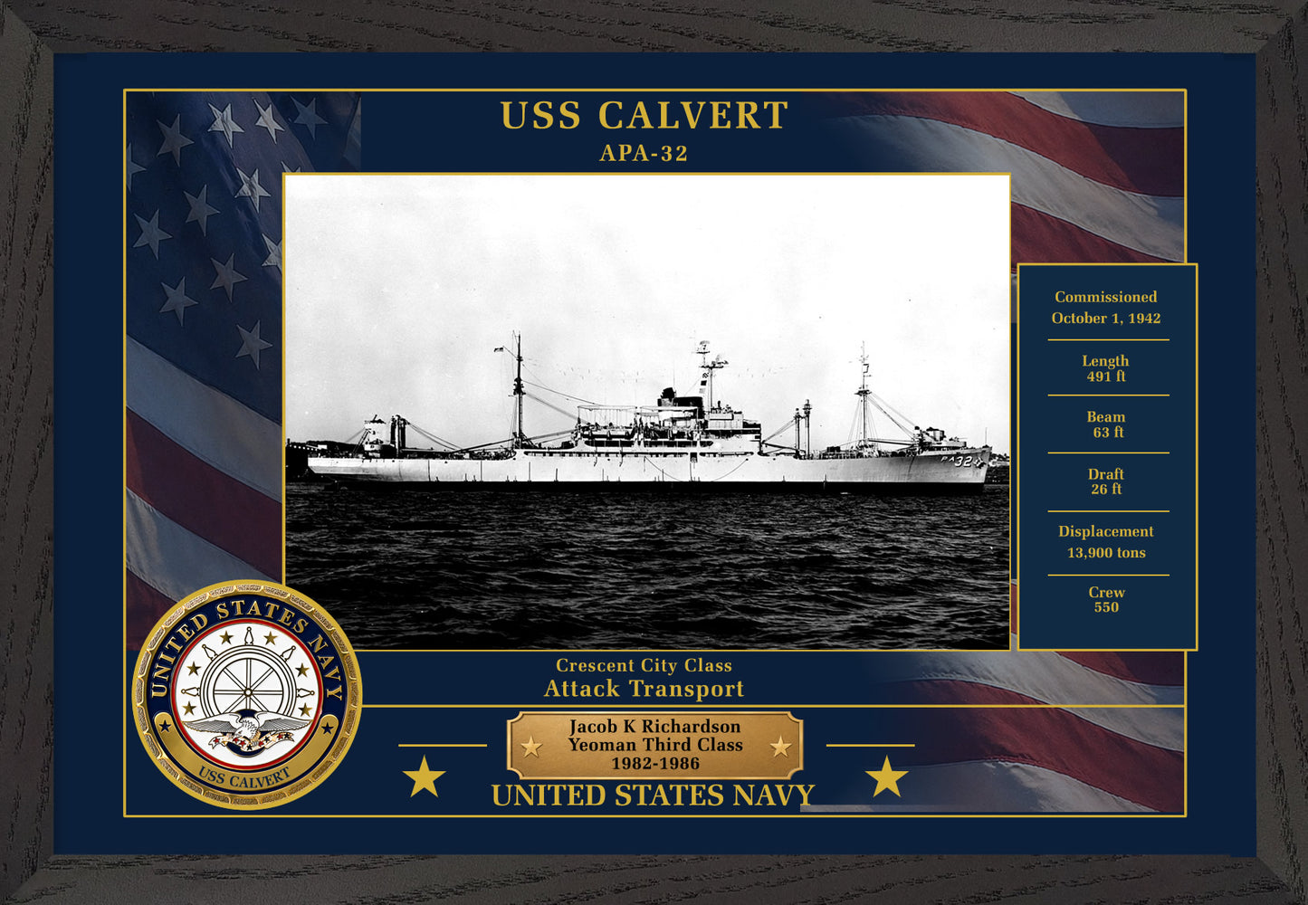 USS Calvert APA-32 Framed Patriotic Photo