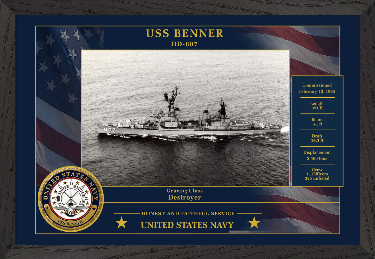 USS Benner DD-807 Framed Patriotic Photo