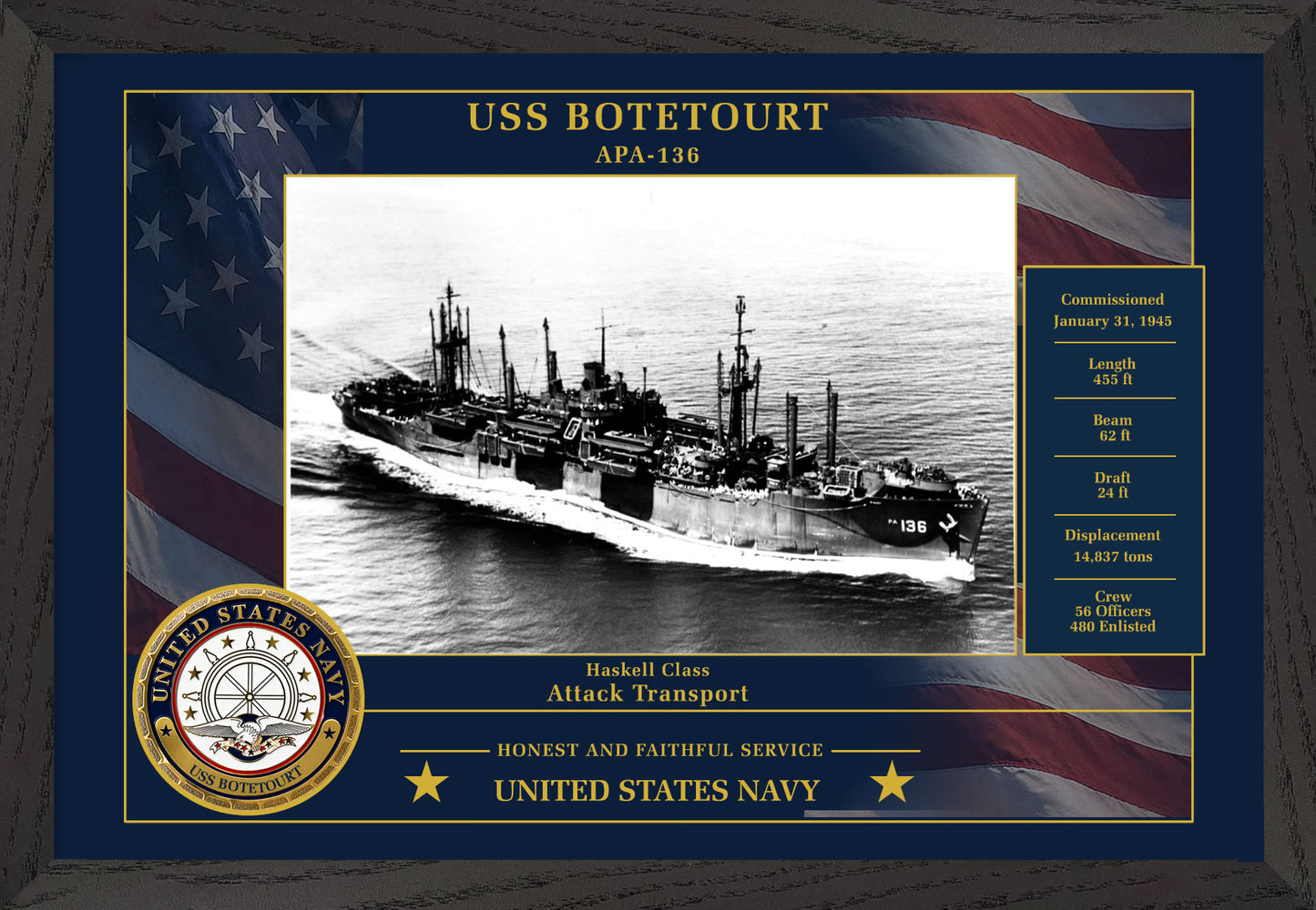 USS Botetourt APA-136 Framed Patriotic Photo