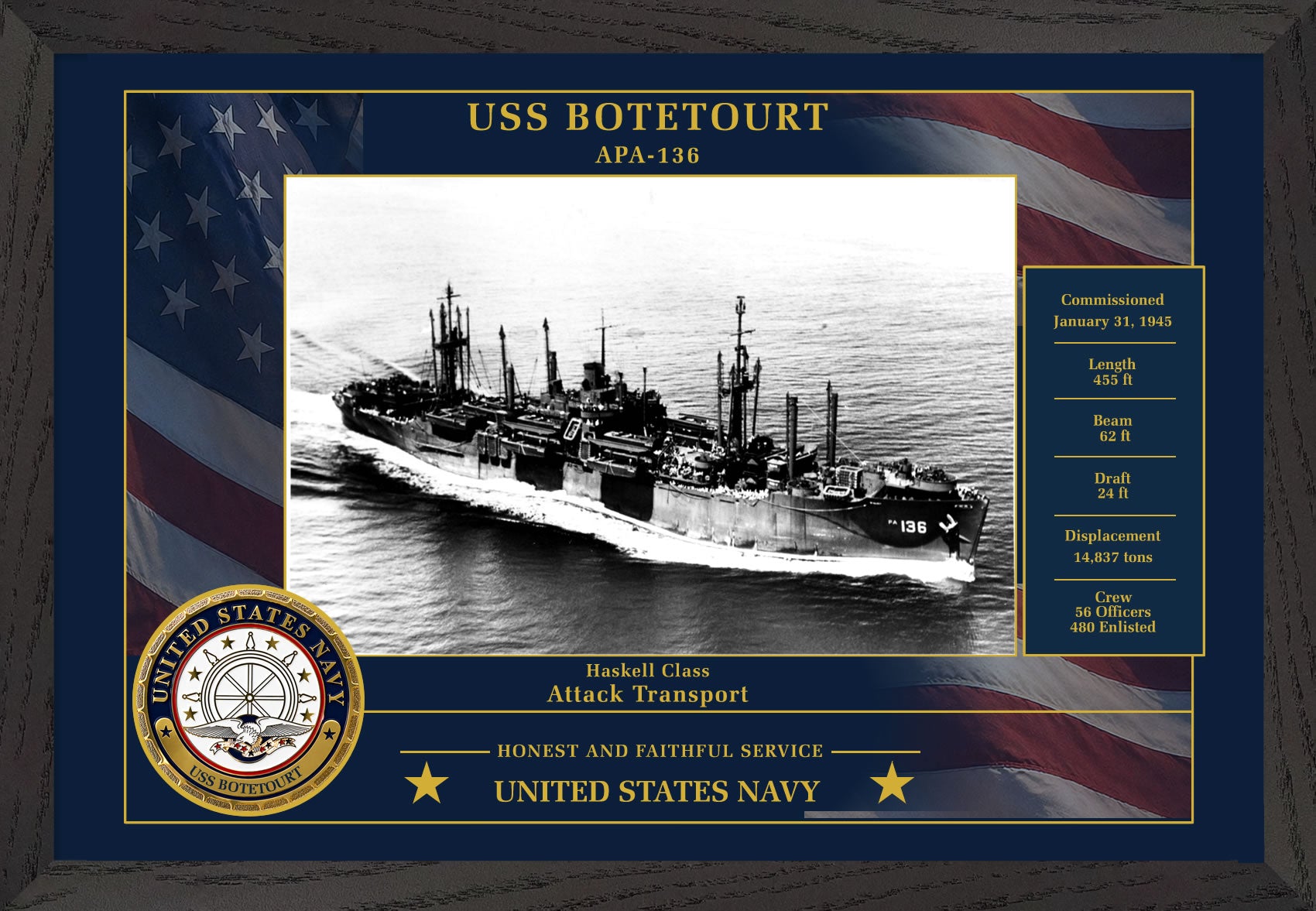 USS Botetourt APA-136 Framed Patriotic Photo