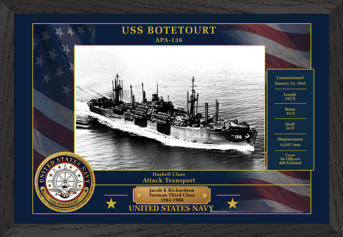 USS Botetourt APA-136 Framed Patriotic Photo