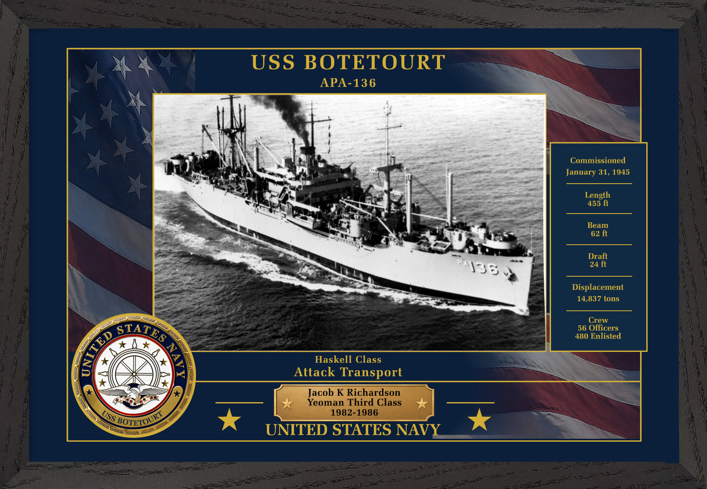 USS Botetourt APA-136 Framed Patriotic Photo