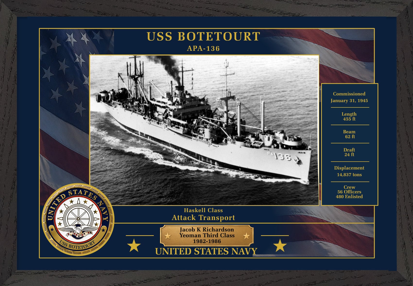 USS Botetourt APA-136 Framed Patriotic Photo