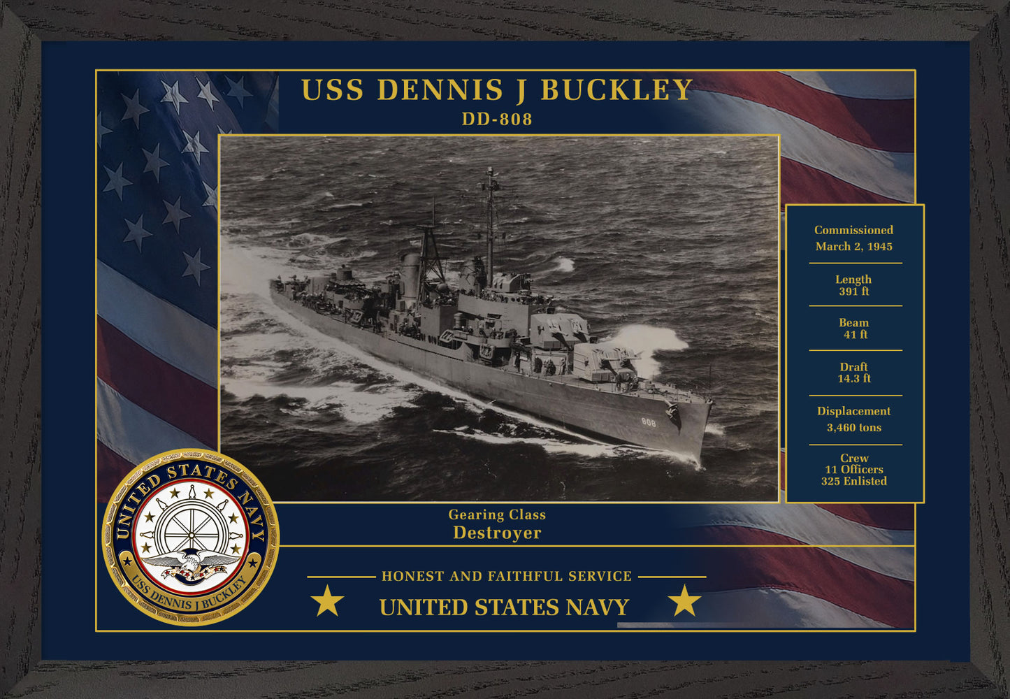USS Dennis J Buckley DD-808 Framed Patriotic Photo