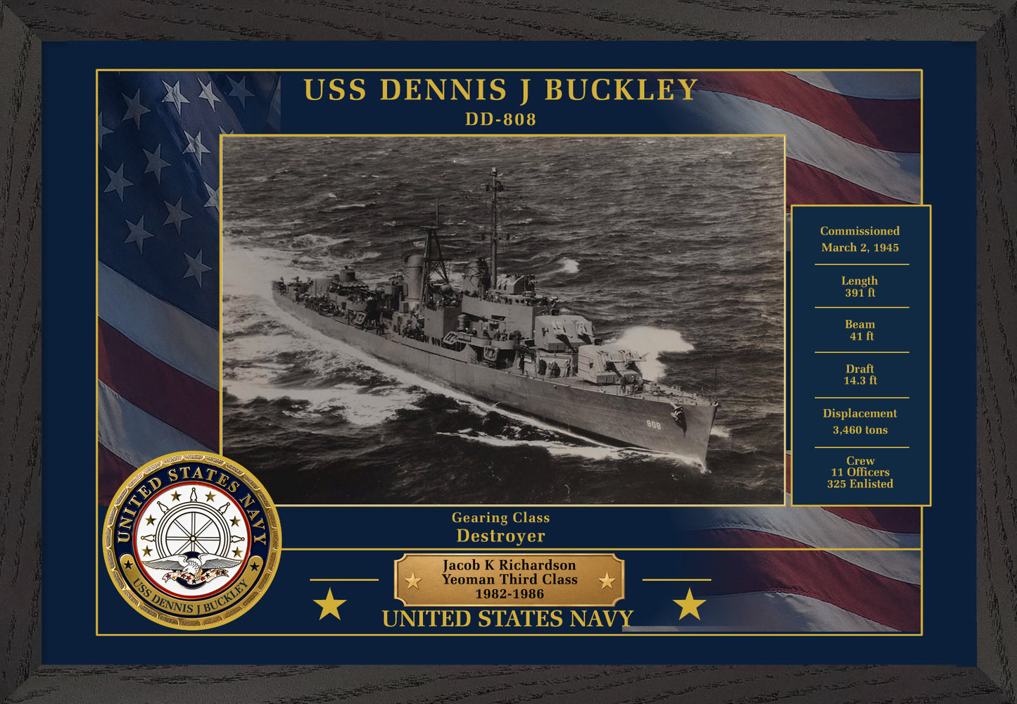 USS Dennis J Buckley DD-808 Framed Patriotic Photo