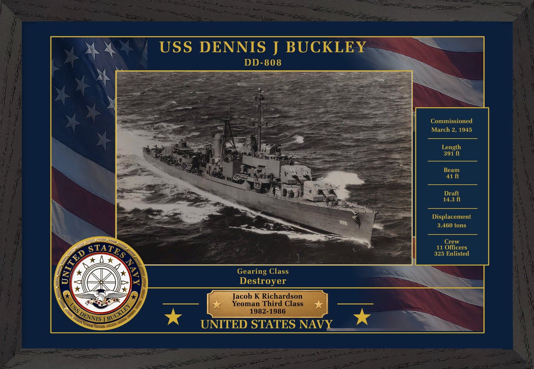 USS Dennis J Buckley DD-808 Framed Patriotic Photo