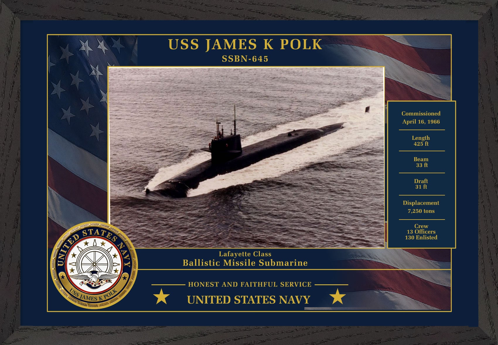 USS James K Polk SSBN-645 Framed Patriotic Photo