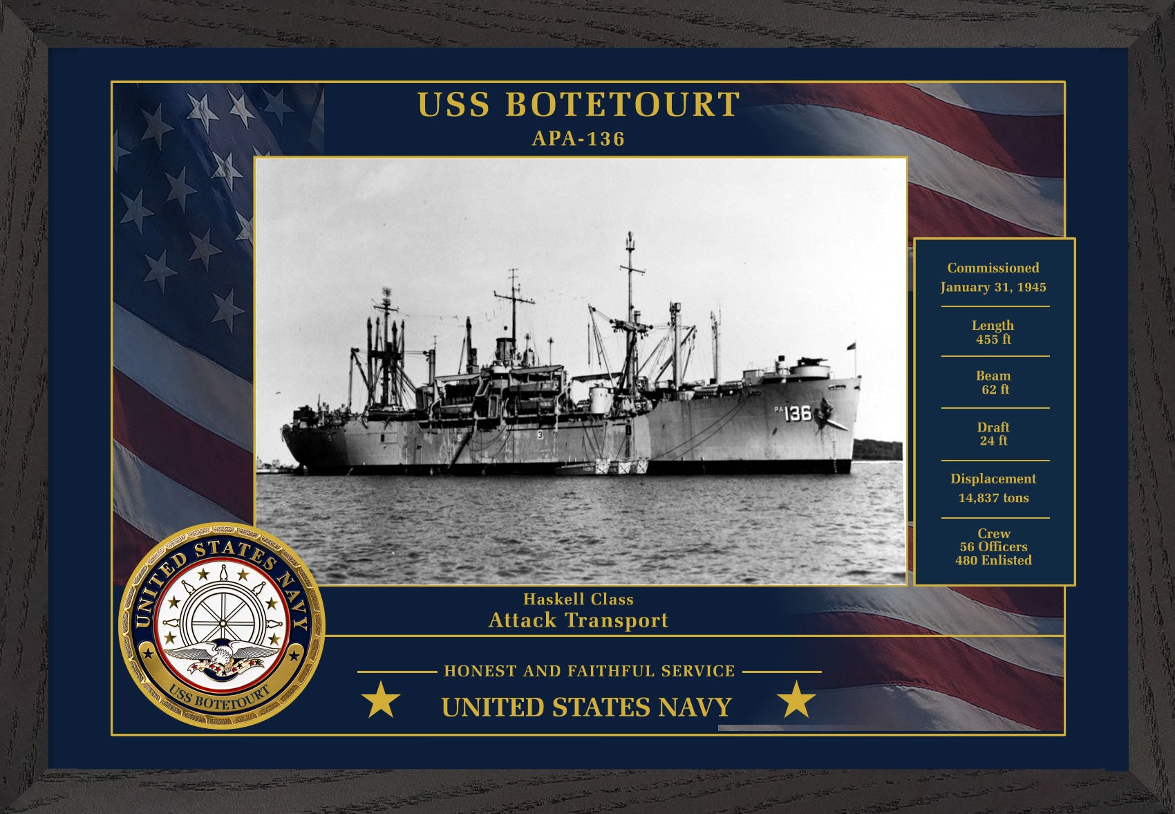 USS Botetourt APA-136 Framed Patriotic Photo