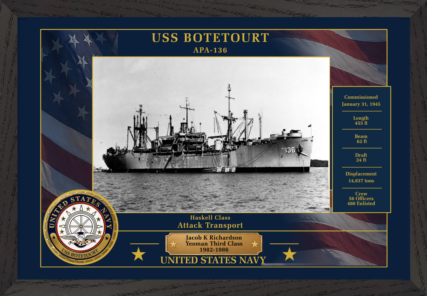 USS Botetourt APA-136 Framed Patriotic Photo