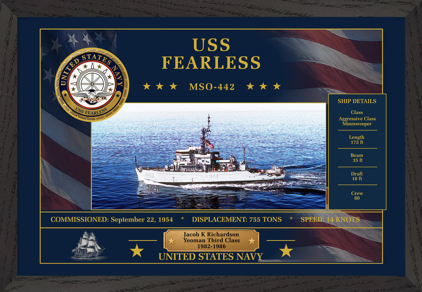 USS Fearless MSO-442 Framed Patriotic Art