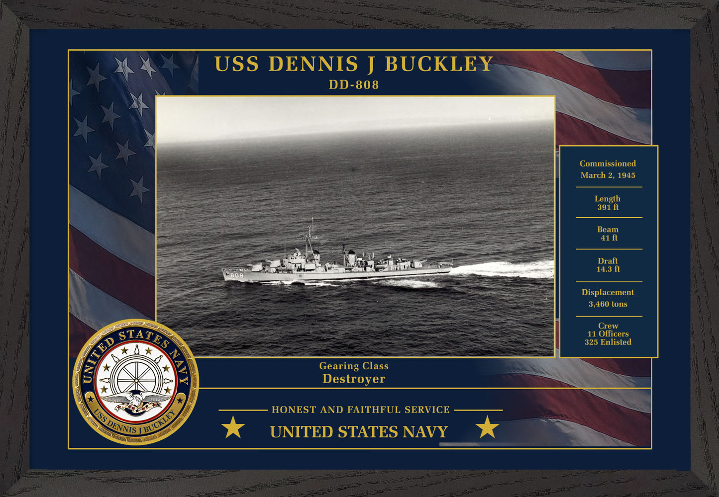USS Dennis J Buckley DD-808 Framed Patriotic Photo