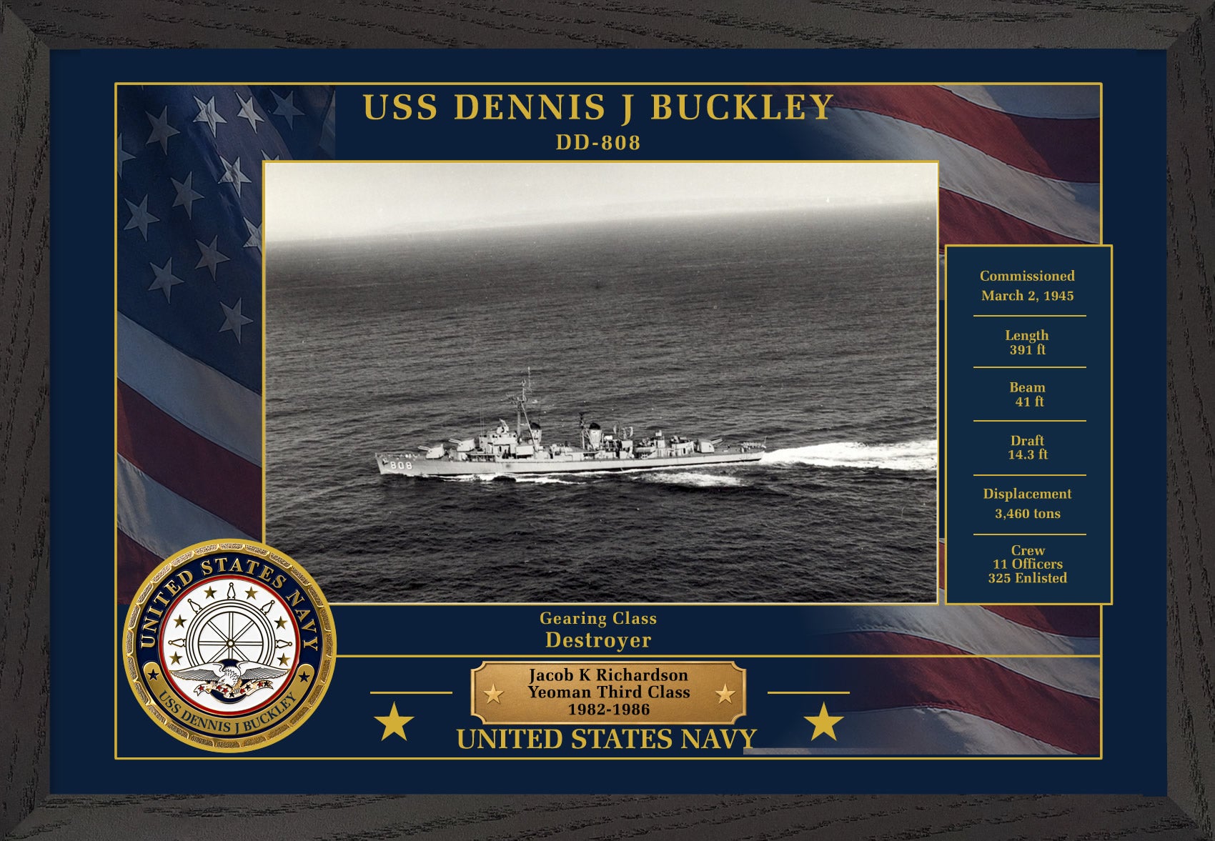 USS Dennis J Buckley DD-808 Framed Patriotic Photo