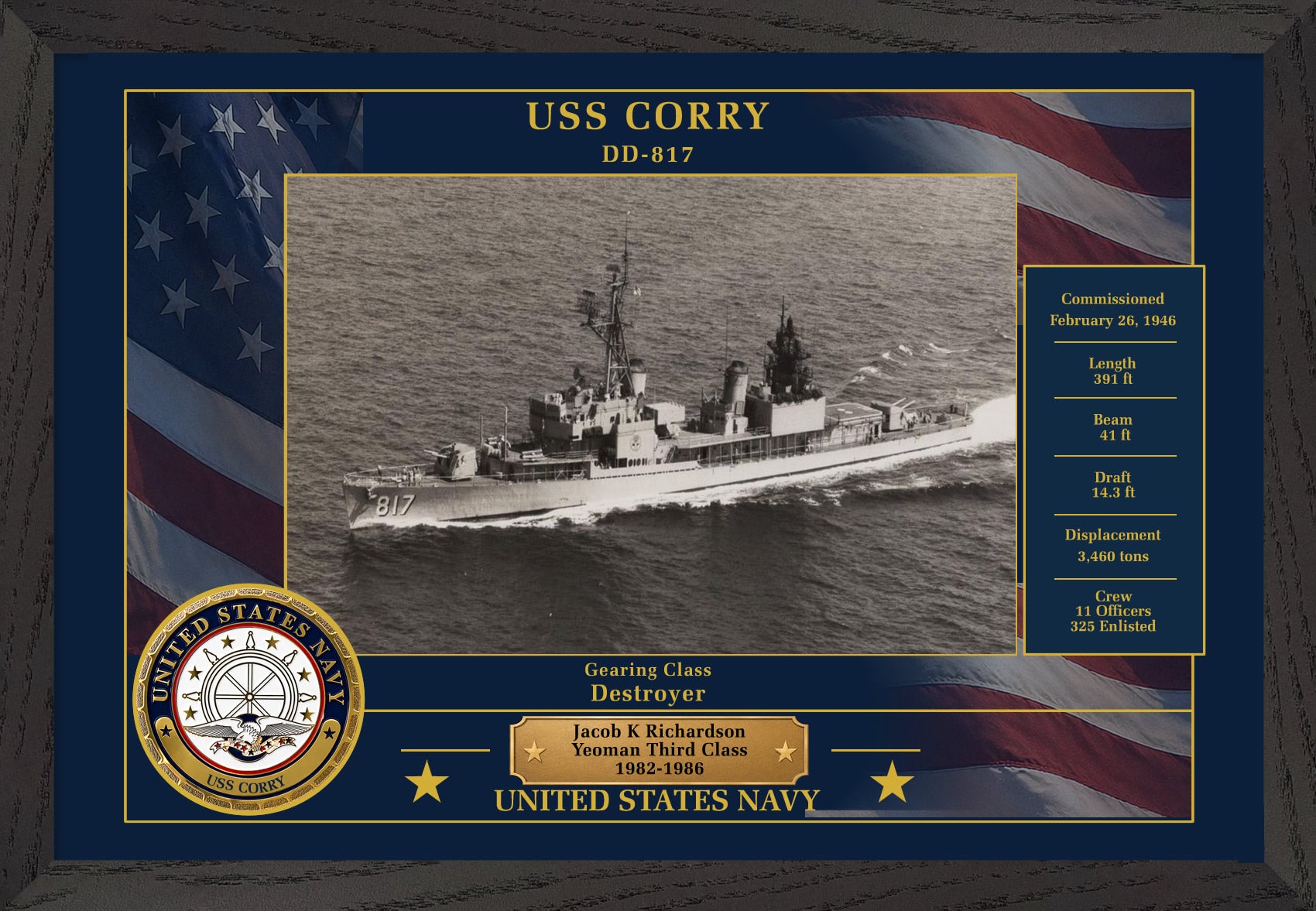 USS Corry DD-817 Framed Patriotic Photo