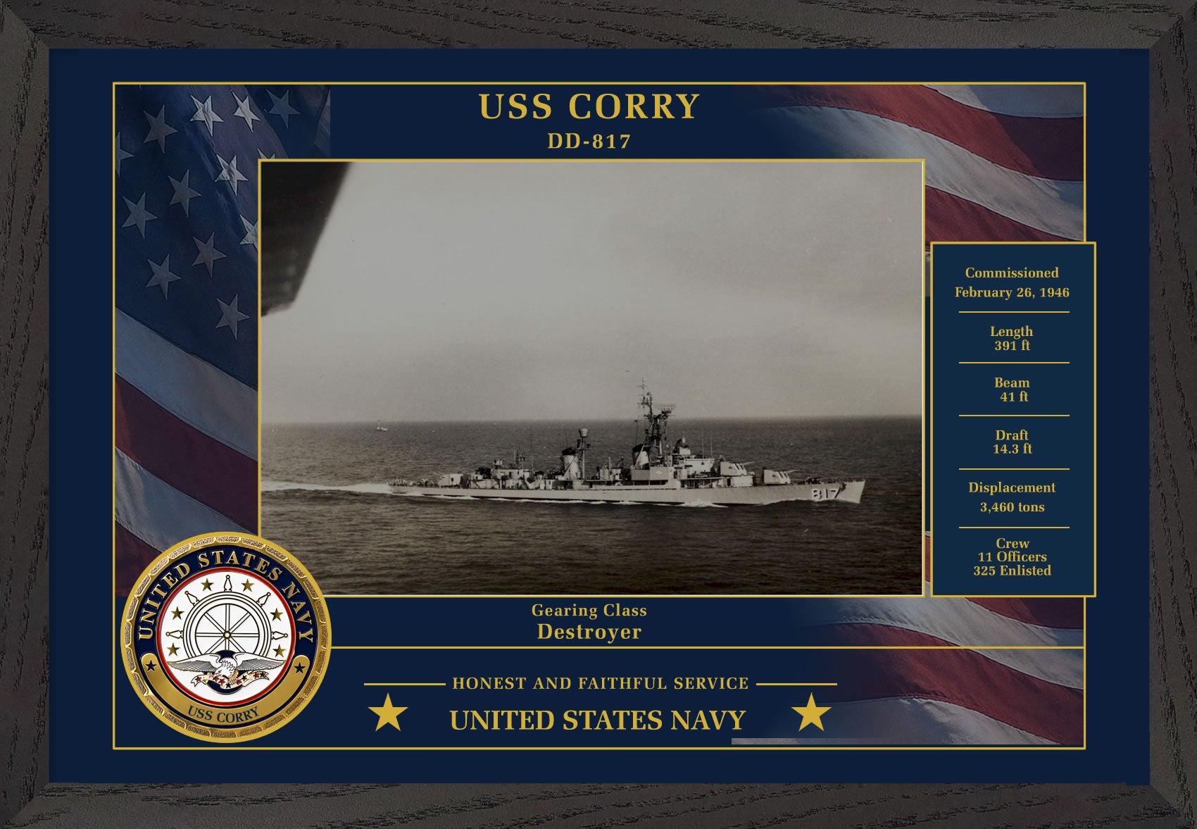 USS Corry DD-817 Framed Patriotic Photo